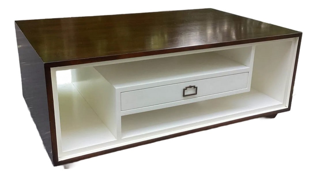 Moore Councill Coffee Table With Lower Display Shelves: Two tone dark exterior with white interior. Heavy, very well made. Condition: Alterations: Original Condition Unaltered Imperfections: Some Imperfections Condition Notes: Minor scuffs to finish. 
