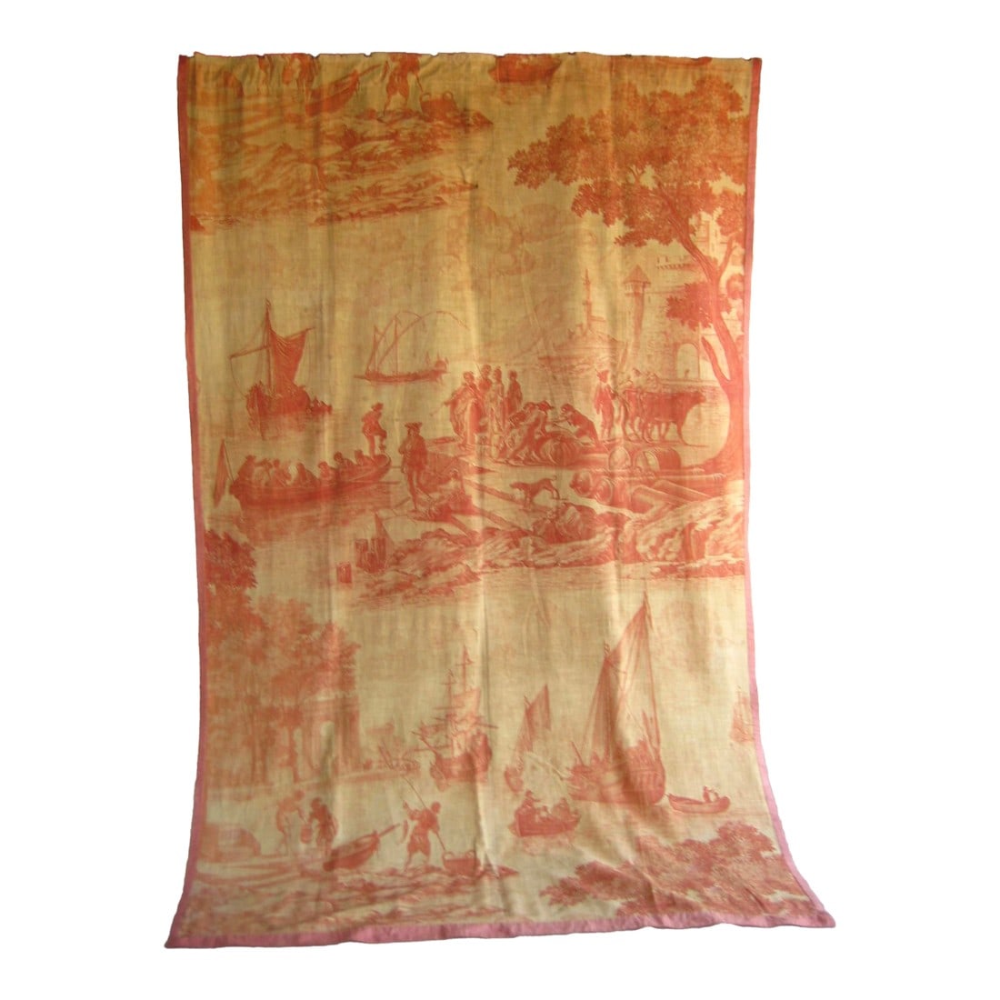 French Toile Wall Hanging Tapestry Harbor Scene 18 Century: This splendid toile from the 17 hundreds shows a very elaborate decor of Boats , landscape and architectural elements extremely detailed and fine , it is printed in light fin linen all this let us