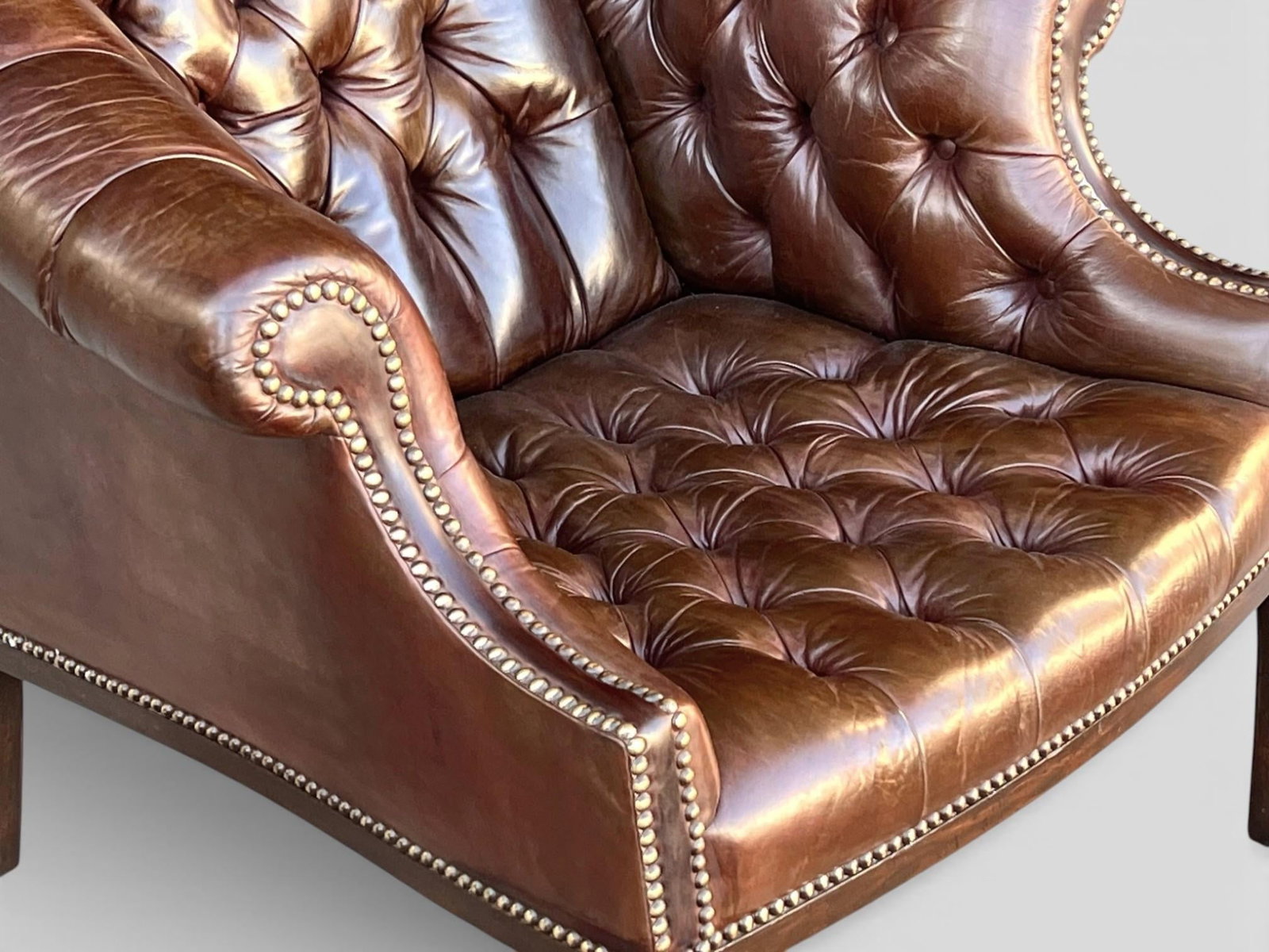 1960s Pair English Traditional Tufted Leather Club Chairs With Nailhead Trim - 15