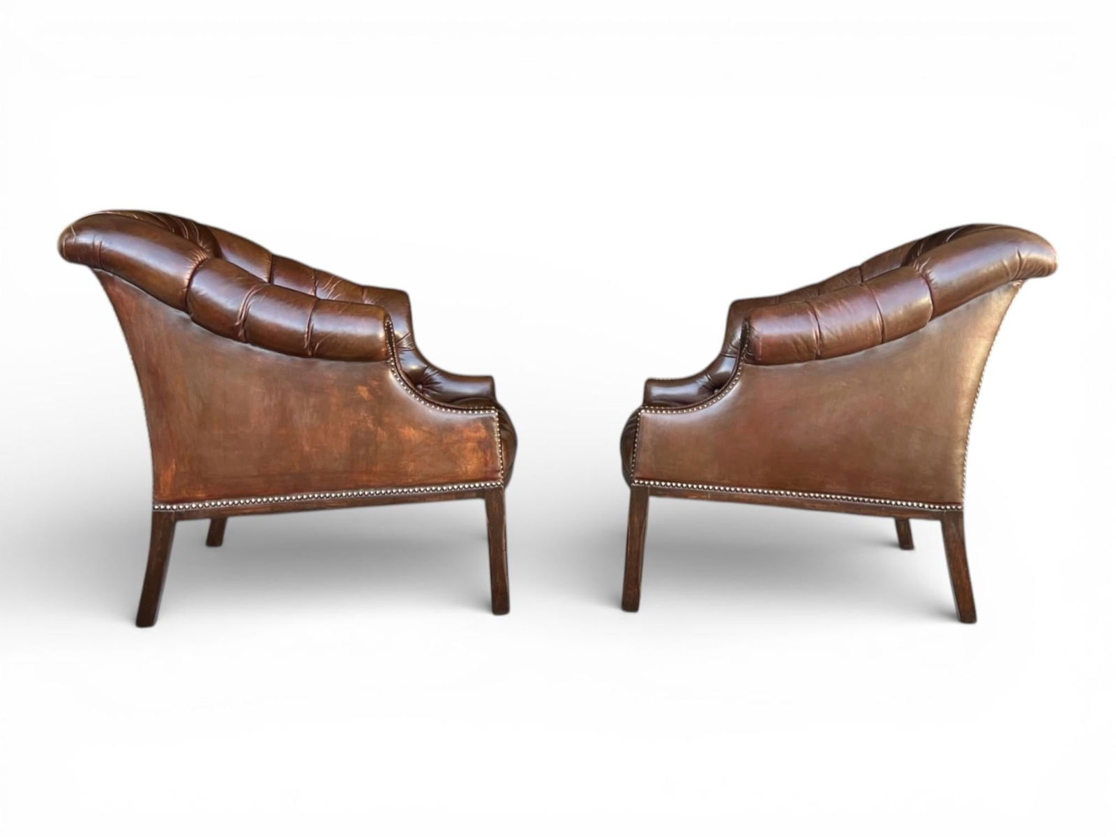 1960s Pair English Traditional Tufted Leather Club Chairs With Nailhead Trim - 6