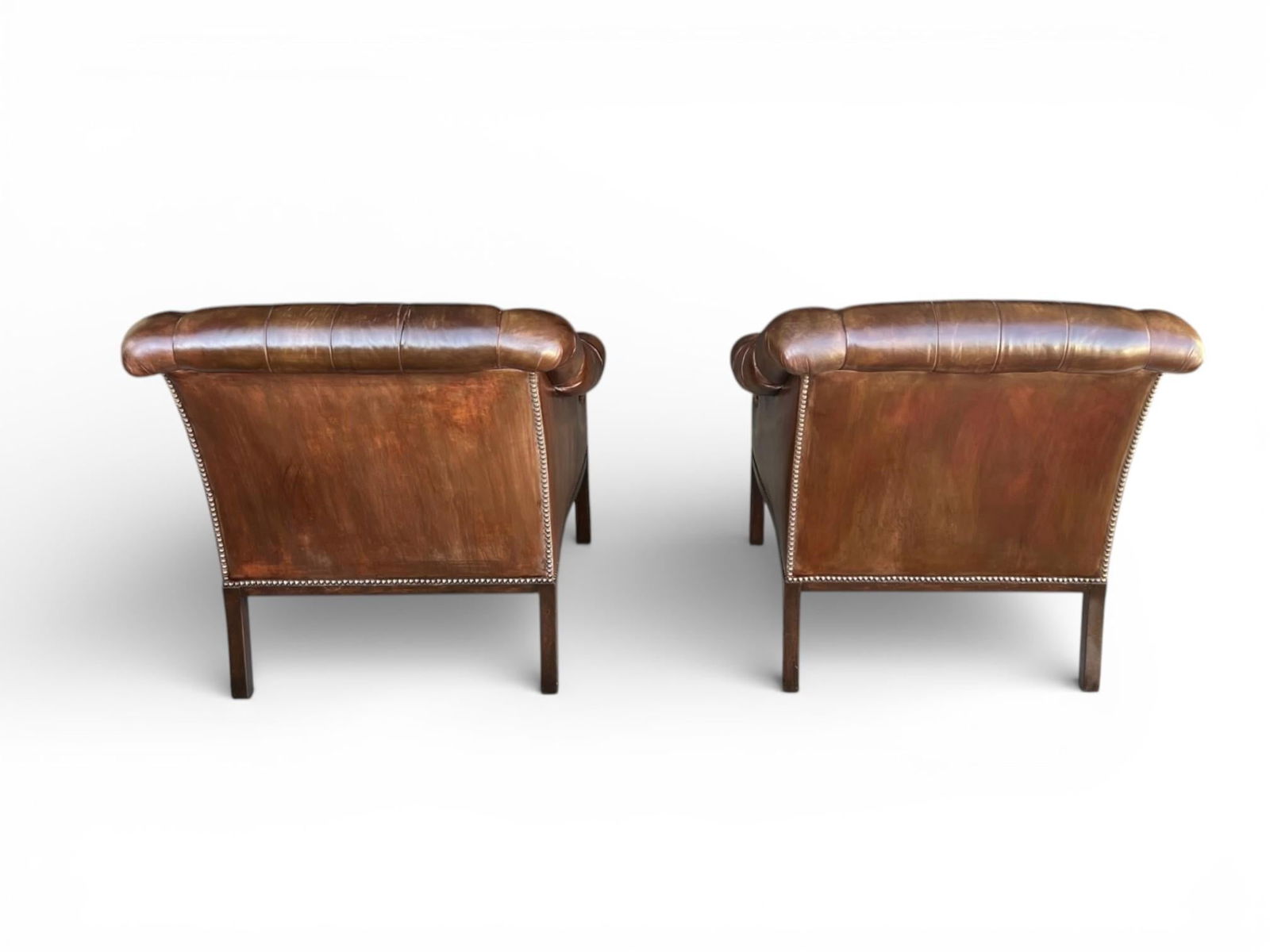 1960s Pair English Traditional Tufted Leather Club Chairs With Nailhead Trim - 7