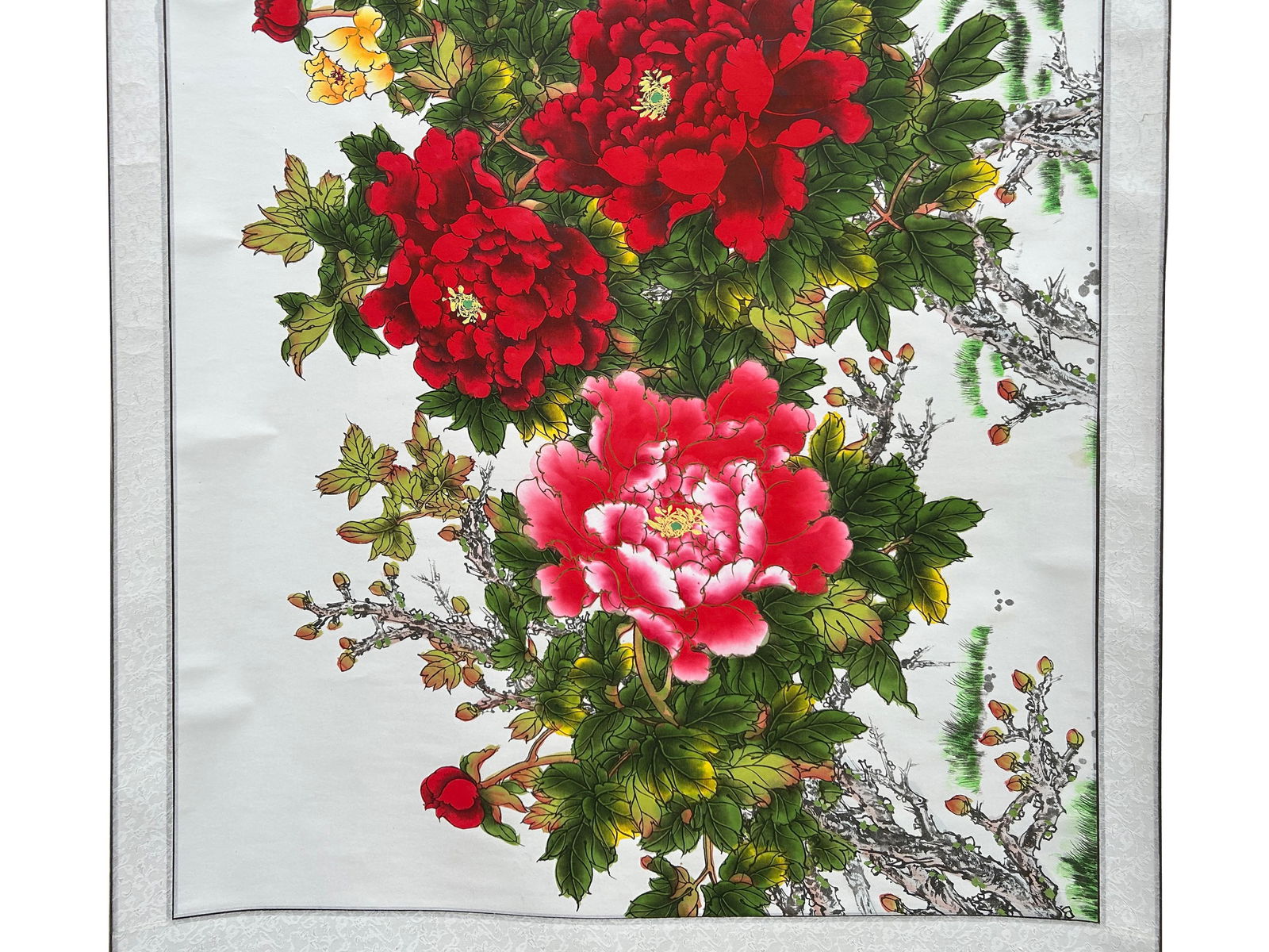 Long Horizontal 141" Chinese Color Ink Red Peony Blossom Scroll Painting - 3