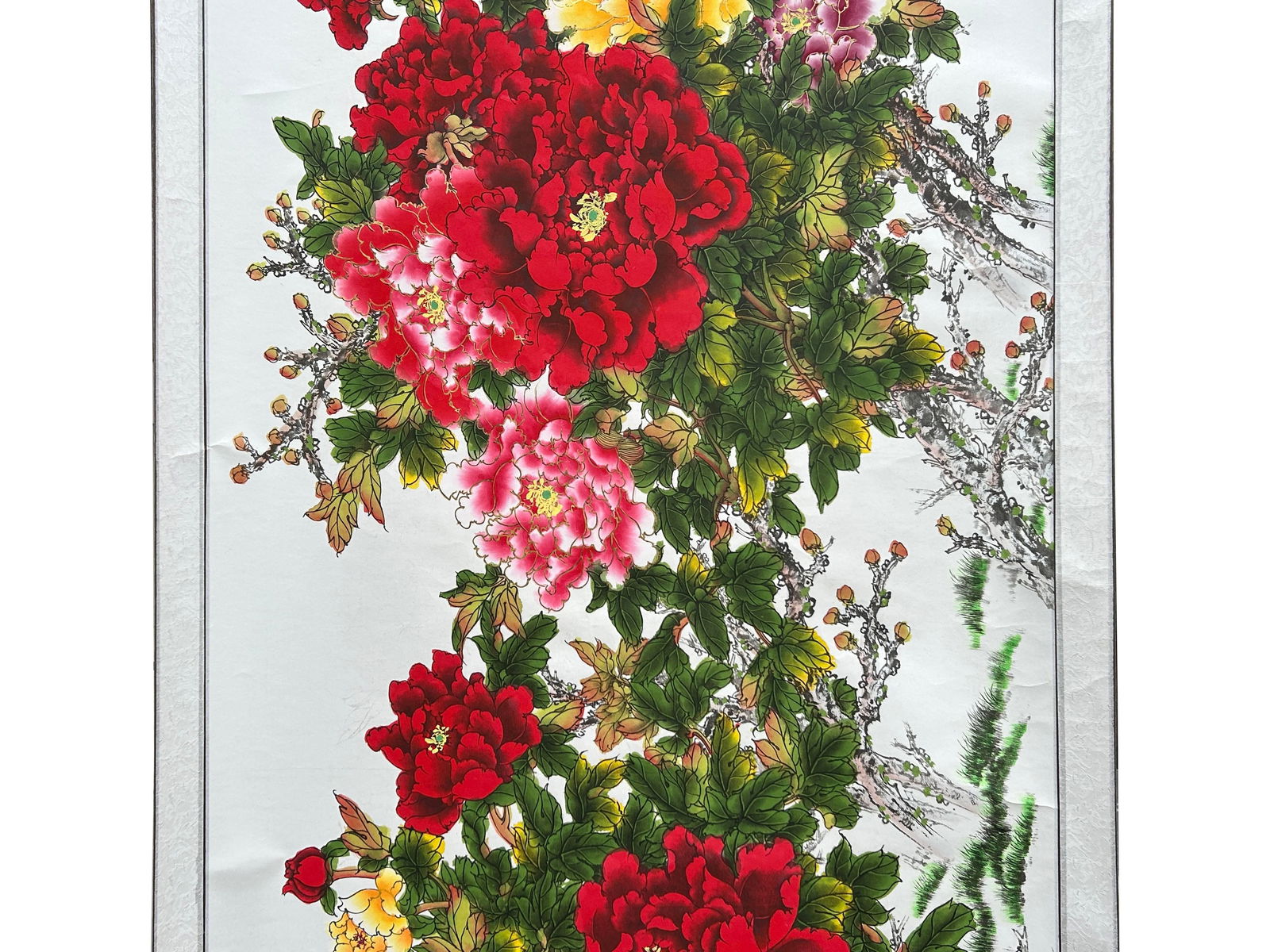 Long Horizontal 141" Chinese Color Ink Red Peony Blossom Scroll Painting - 4