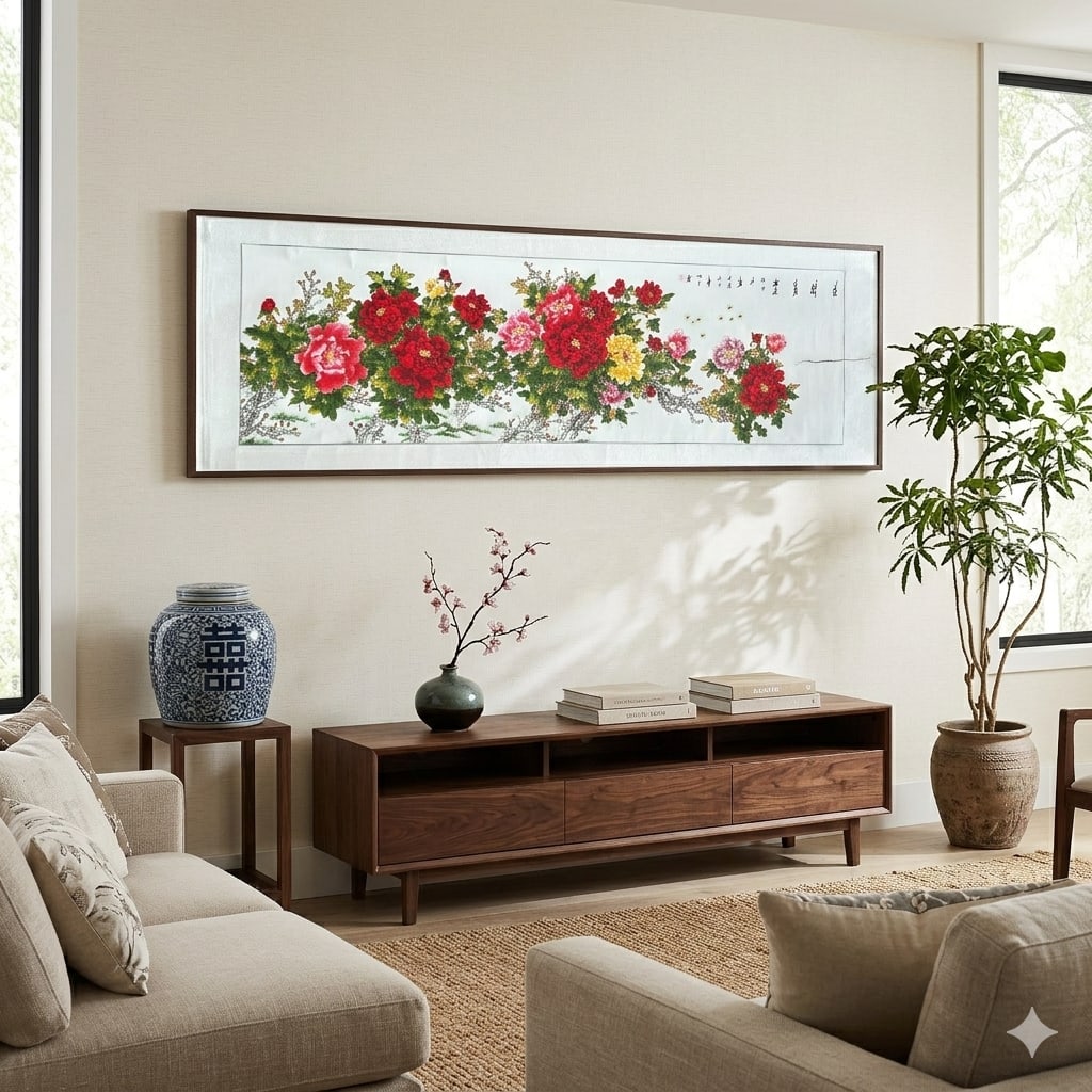 Long Horizontal 141" Chinese Color Ink Red Peony Blossom Scroll Painting - 7