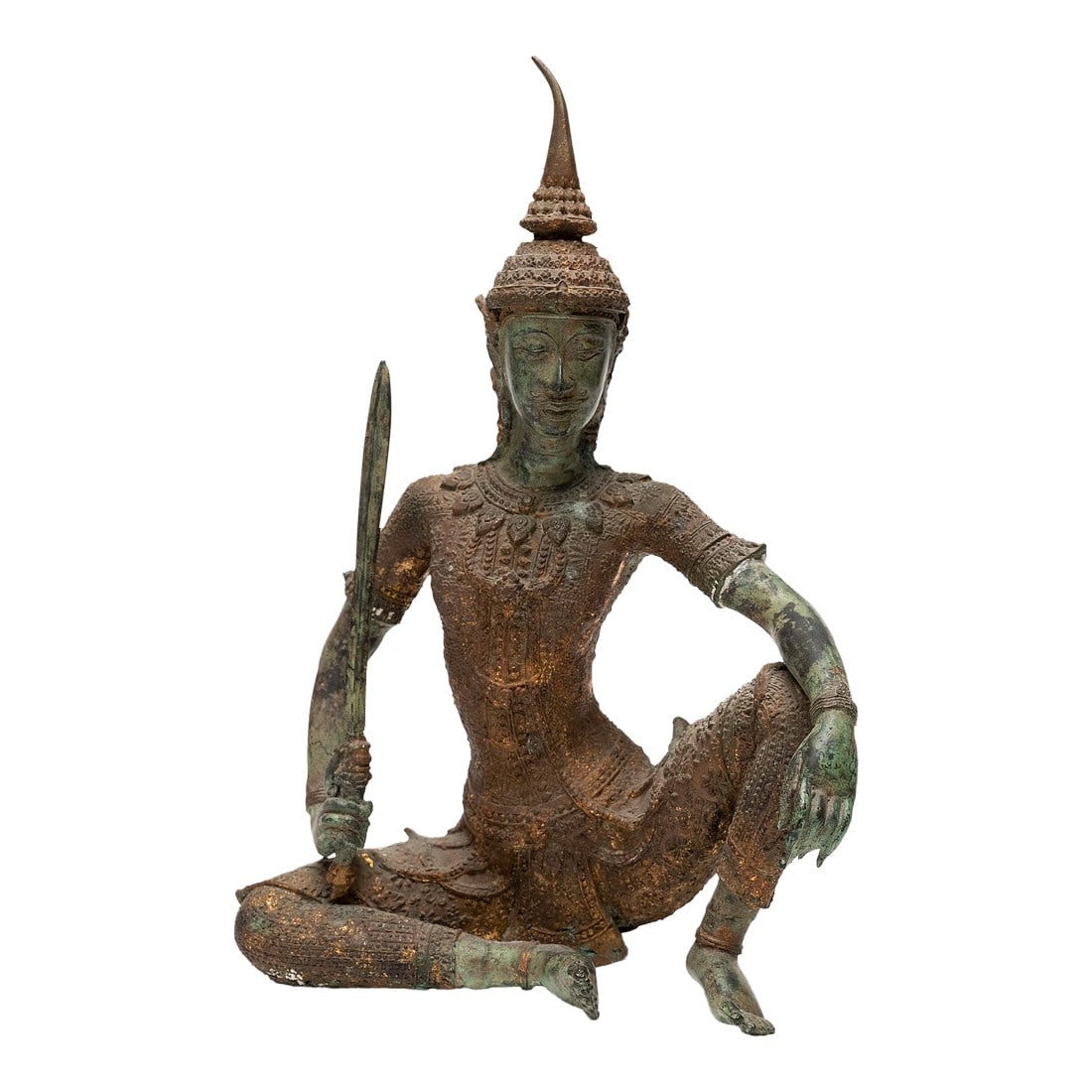 Thai Bronze Warrior Figure, C. 1900: Cast with graceful proportions and intricate detail, this bronze figure of a princely warrior is a lovely example of traditional metalwork of Thailand. The cast bronze figure depicts a mythical