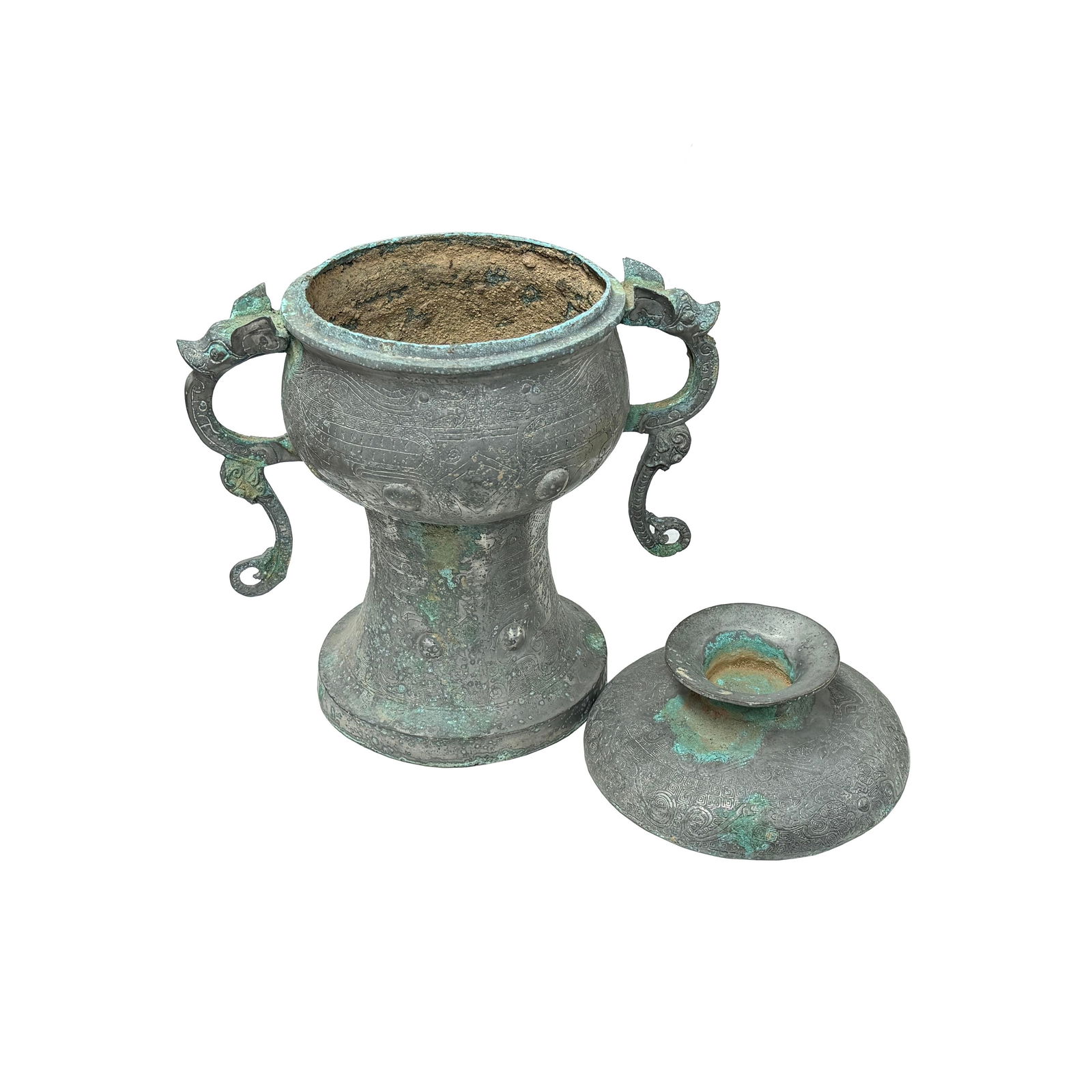 Vintage Look Gray Green Ancient Ding Shape Vessel Holder Display Art - 3