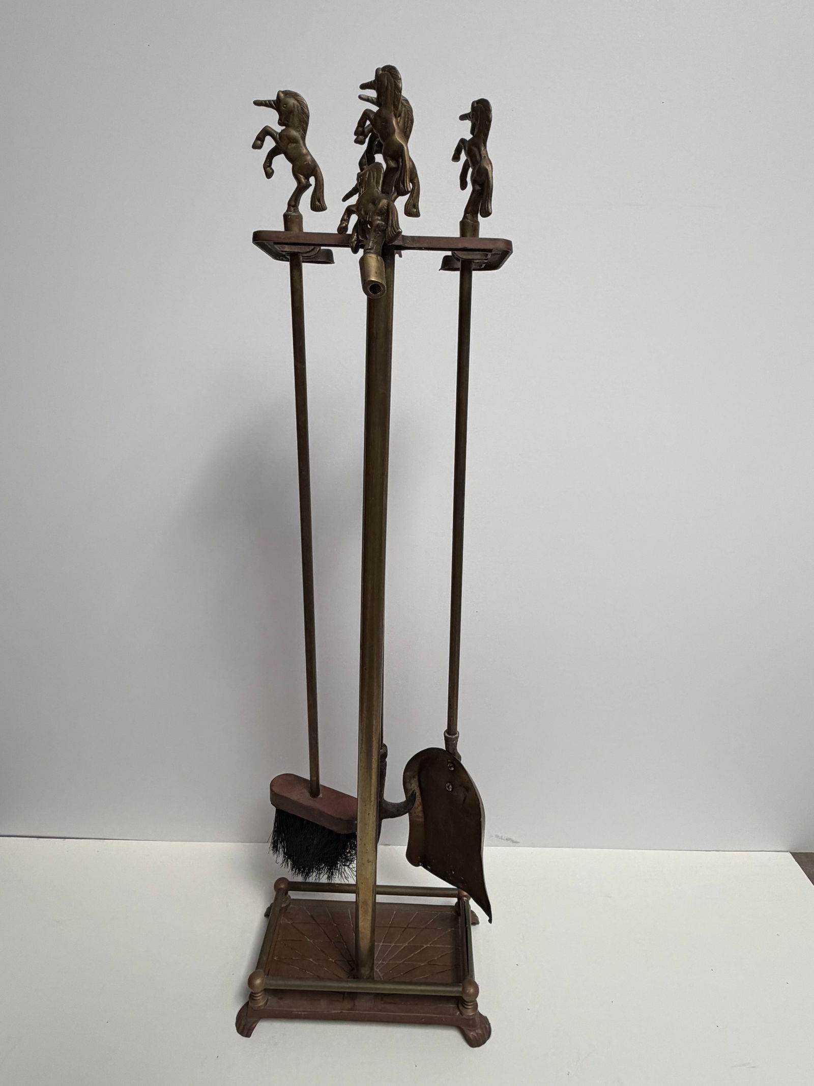 Vintage Brass Unicorn MCM Fireplace Tool Set 3-Pc + Extra Topper 31" - 10