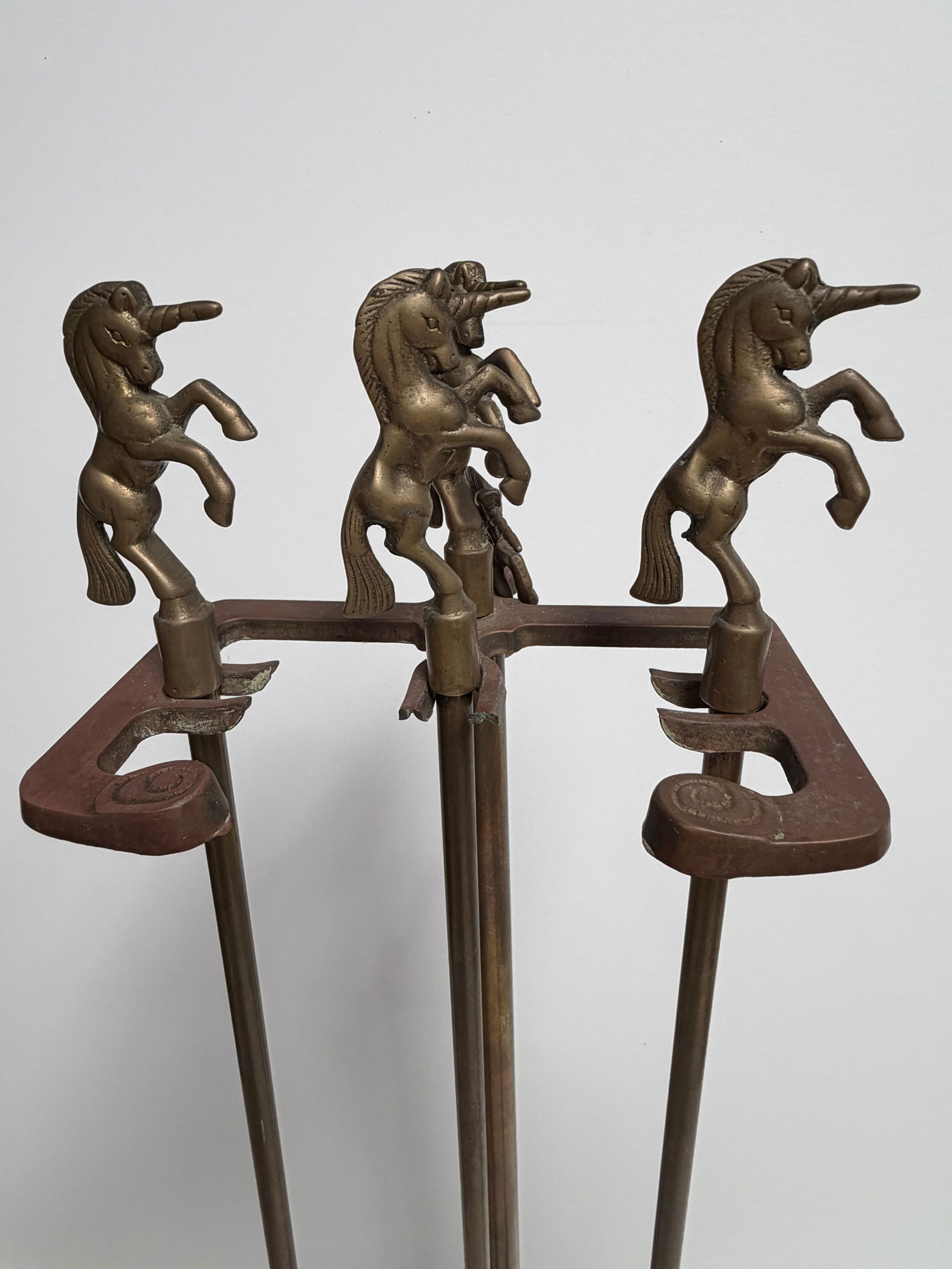 Vintage Brass Unicorn MCM Fireplace Tool Set 3-Pc + Extra Topper 31" - 2