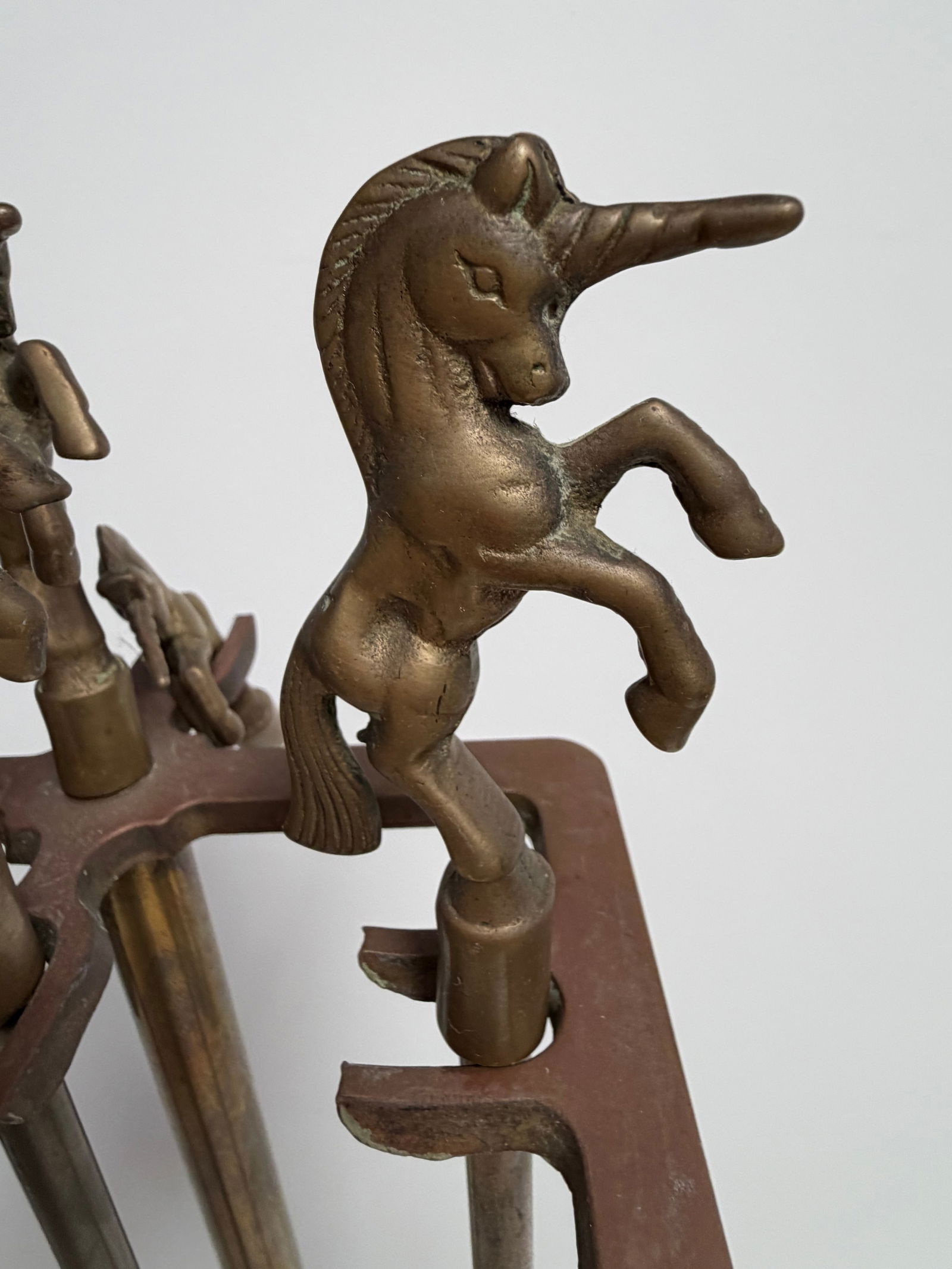 Vintage Brass Unicorn MCM Fireplace Tool Set 3-Pc + Extra Topper 31" - 3