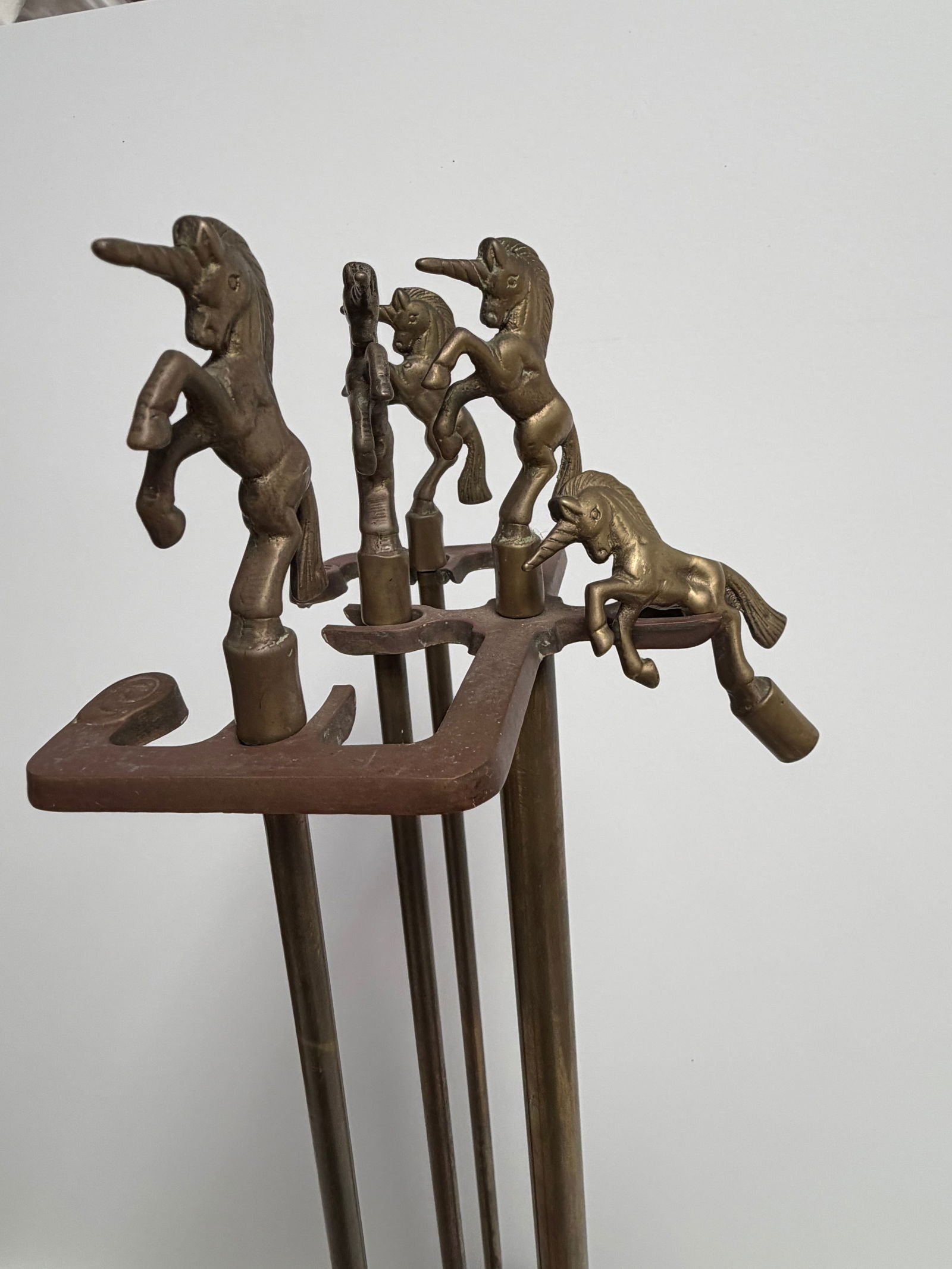 Vintage Brass Unicorn MCM Fireplace Tool Set 3-Pc + Extra Topper 31" - 9