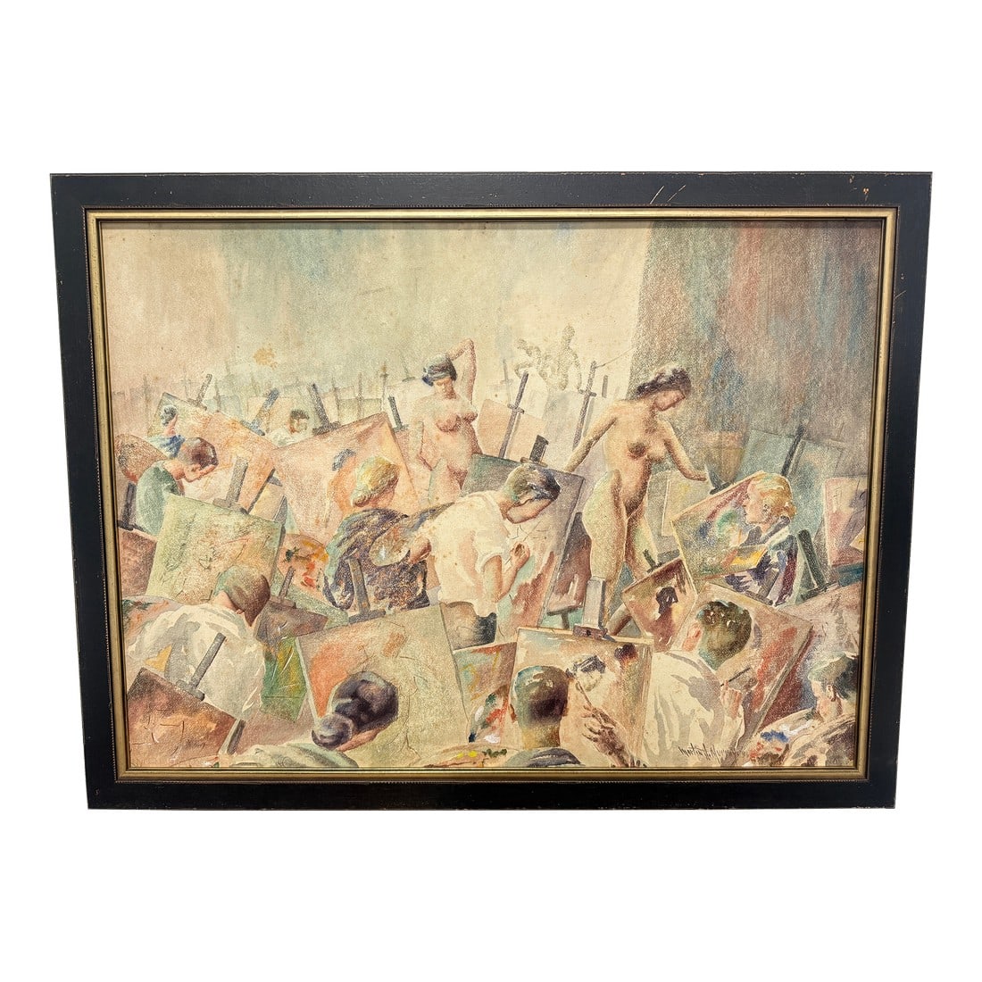Martin J. Murray (American, 1908–1997) Nude Art Class Scene Study 1954: Executed in watercolor on artist board, this lively studio composition by Martin J. Murray (Rhode Island, 1908–1997) captures the charged atmosphere of an academic figure-painting session, with