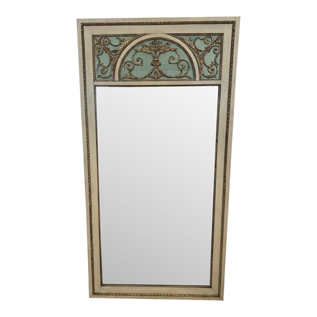 19th Century, French Louis XVI Painted and Giltwood Overmantel Mirror: This French 19th-century painted and giltwood overmantel mirror is conceived in a refined Neoclassical, Louis XVI Revival idiom, combining crisp architectural geometry with delicate, low-relief orname