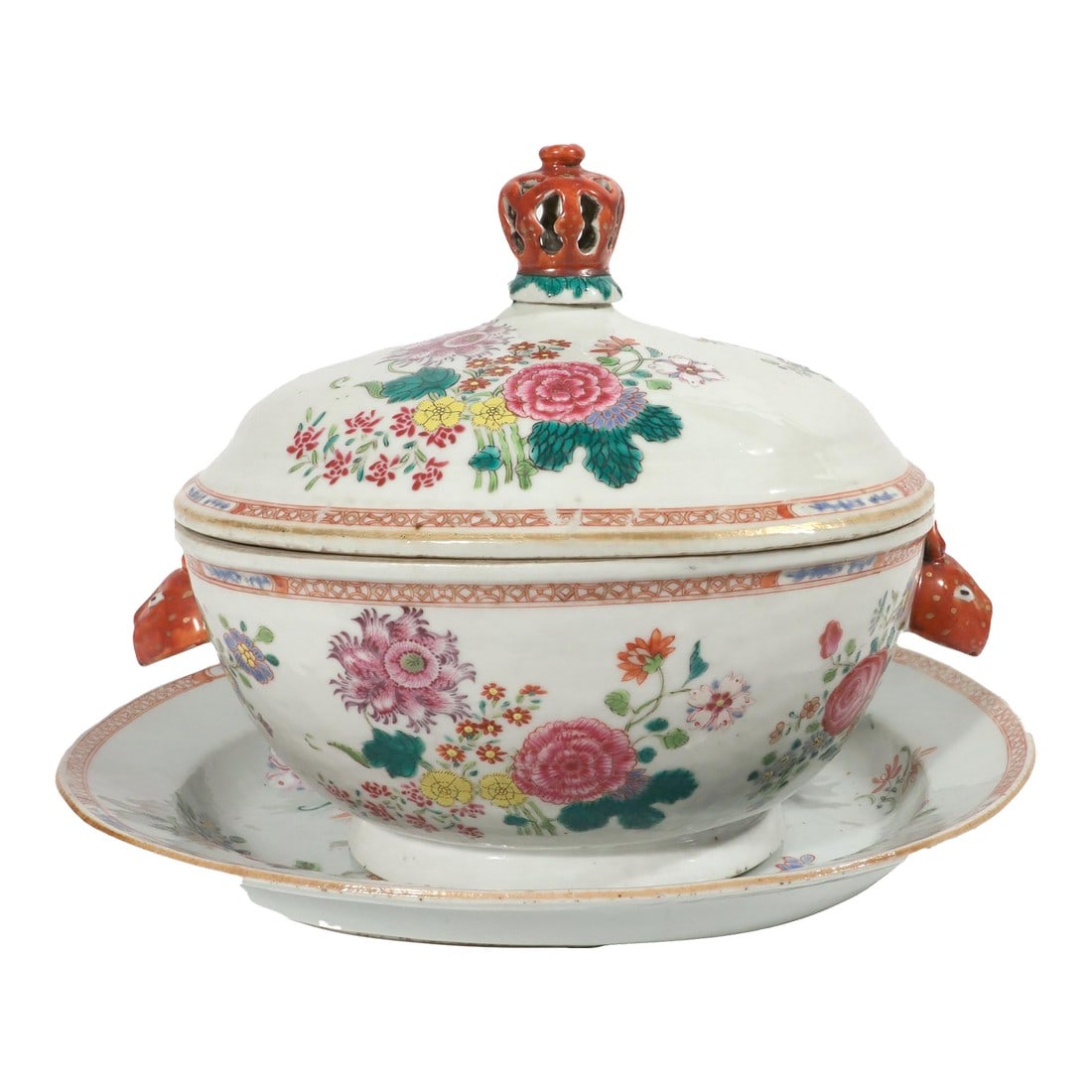 Chinese Export Famille Rose Porcelain Soup Tureen, Cover & Stand: Chinese Export Famille Rose Tureen & Stand, Circa 1765 A magnificent Chinese Export porcelain soup tureen, cover, and stand, decorated in the vibrant Famille Rose palette and dating to the Qianlong