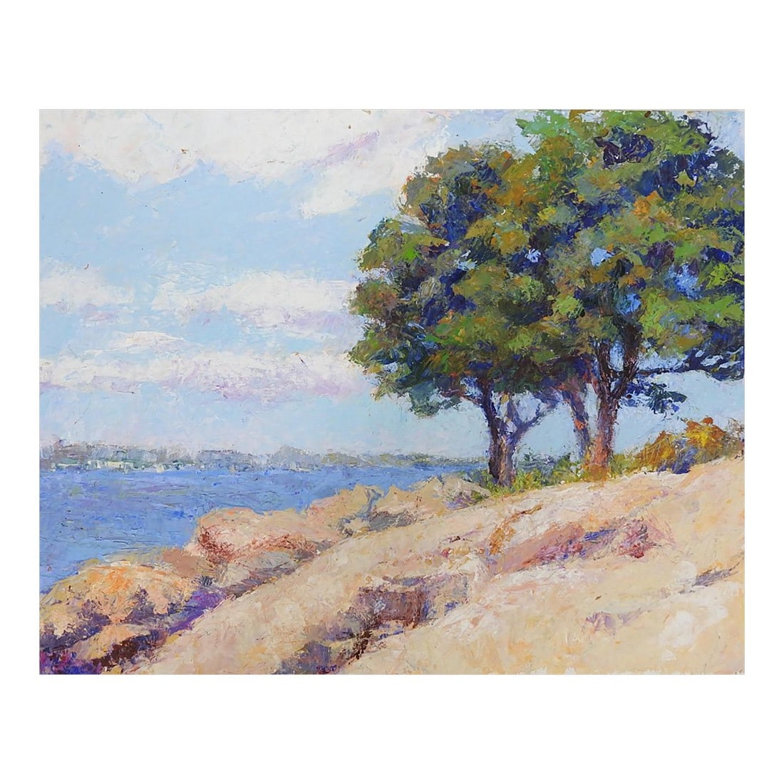 Early 21st Century Plein Air Impressionist Coastal Landscape Painting: Early 21st century oil on panel plein air impressionist seaside landscape painting by Joan Jardine (1935–2025) Connecticut. Unsigned, from the artists estate. Unframed, edge wear. 