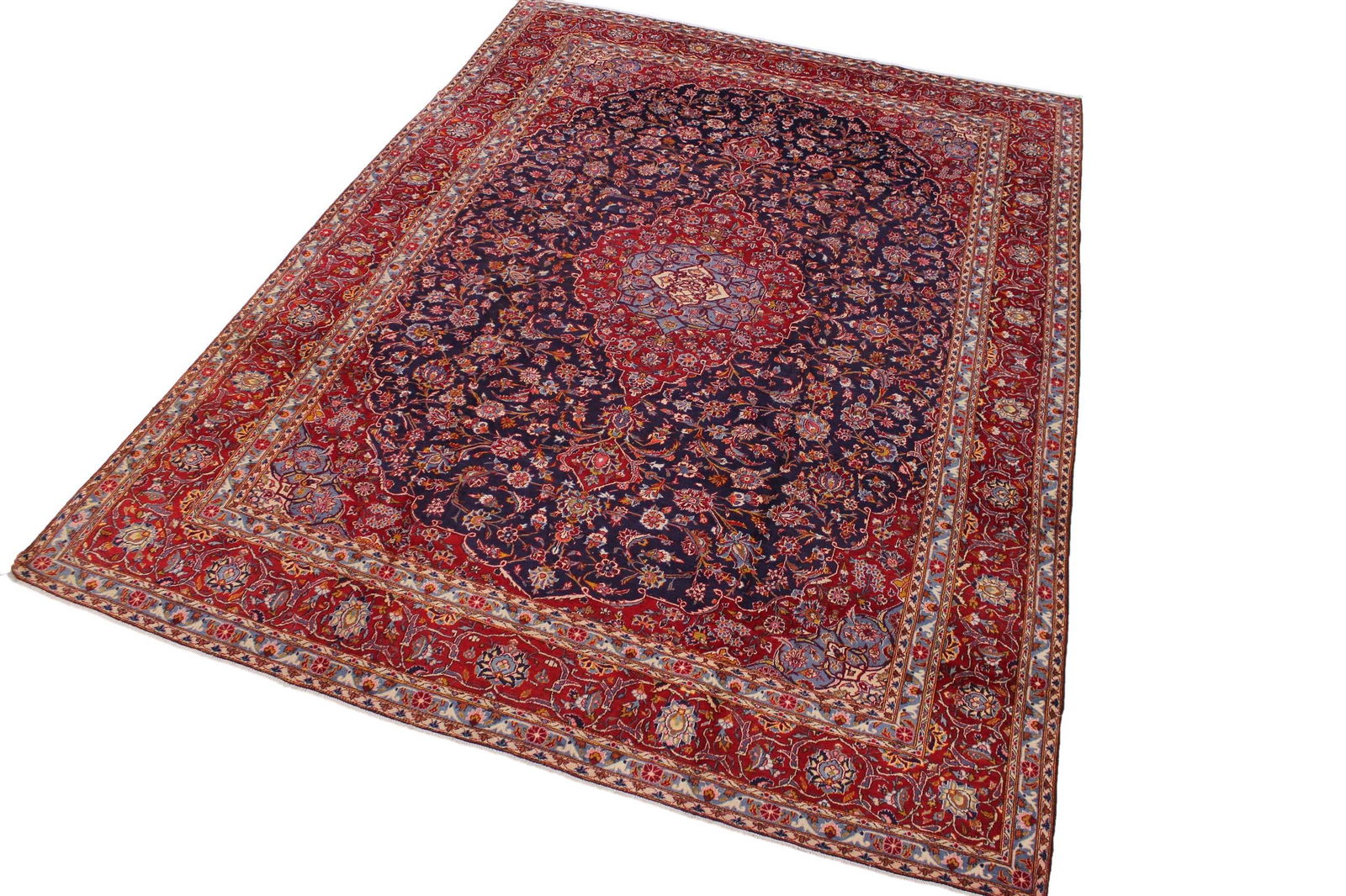 Vintage Handmade Blue Wool Rug With Medallion - 4