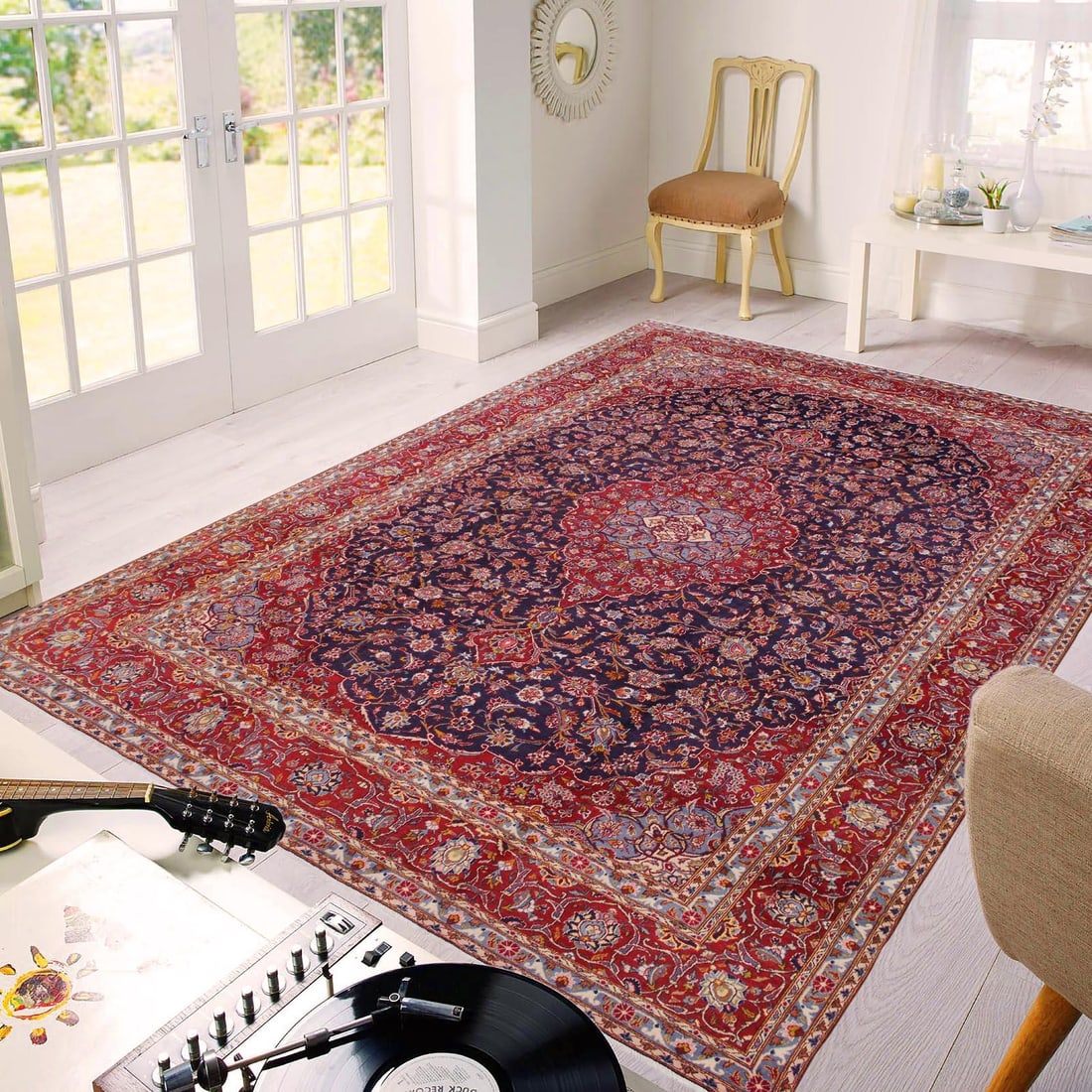 Vintage Handmade Blue Wool Rug With Medallion - 8