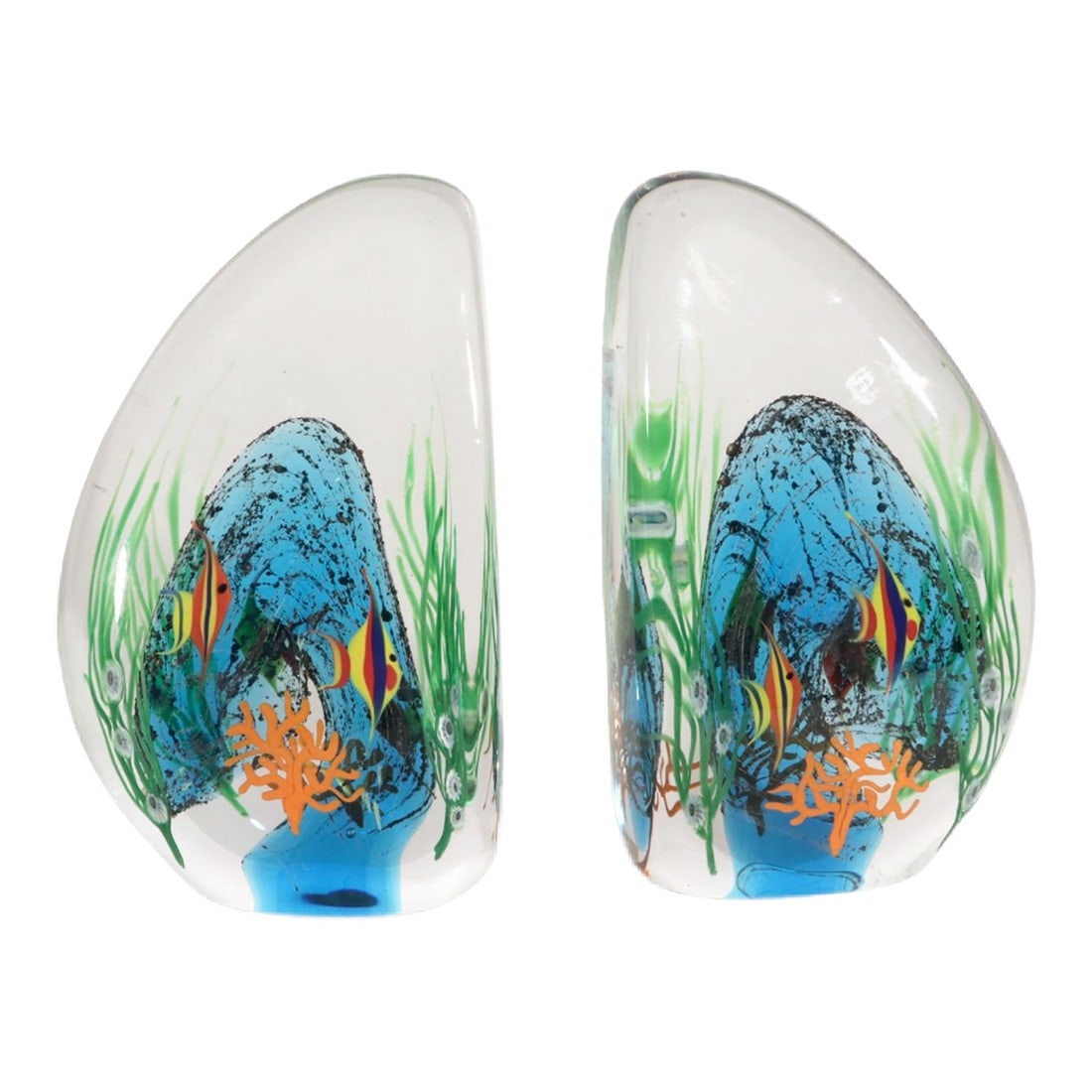 Art Glass Zellique Studios Coral Reef Blown and Molded Aquarium Bookends: Underwater World: Pair of Zellique Studios "Coral Reef" Glass Aquarium Bookends Dated 2000 A stunning pair of heavy, solid glass bookends by the celebrated American art glass firm, Zellique Studios