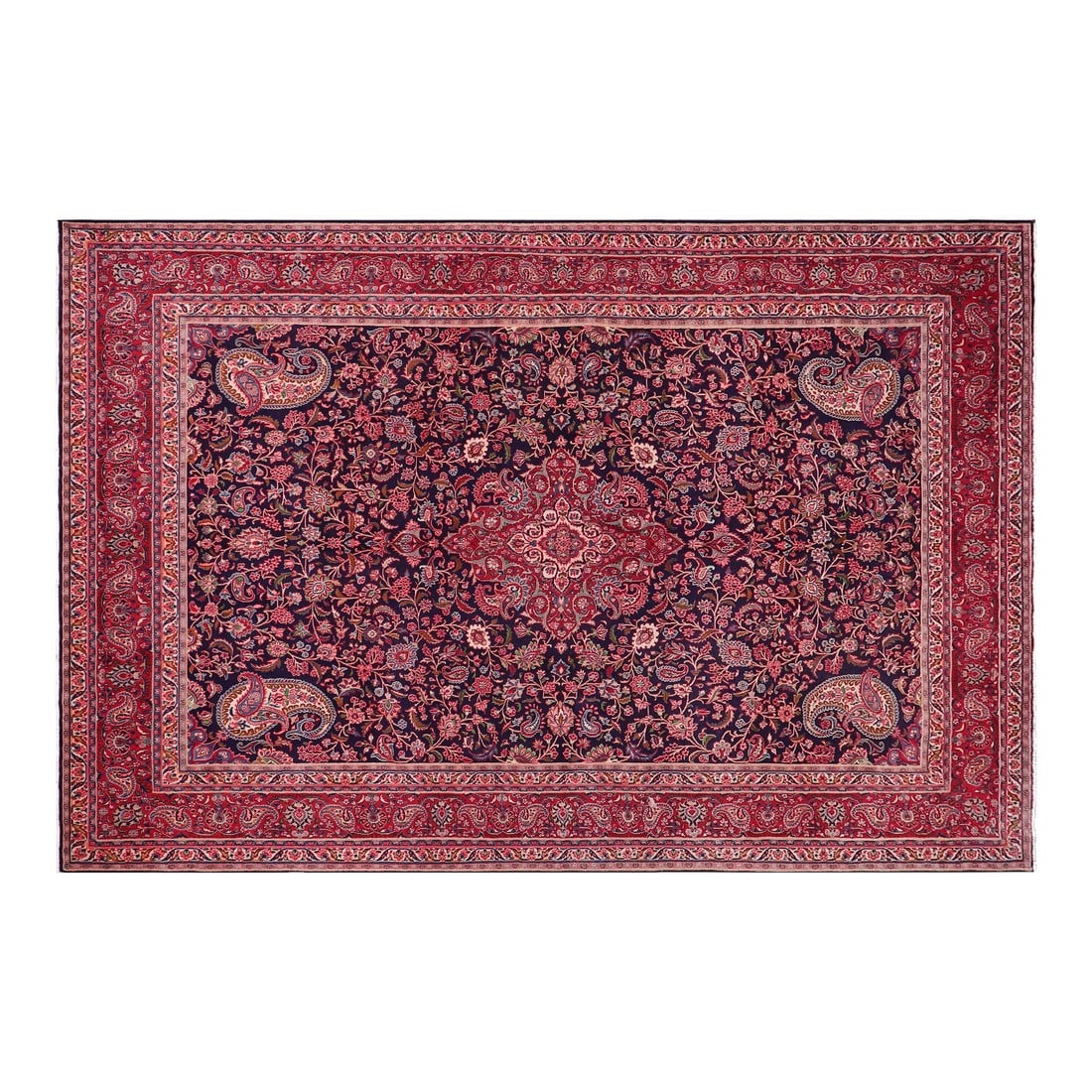 1960s Hand-Knotted Area Rug - Navy Blue and Red Paisley/Boteh Design: Introduce a profound depth of color and exceptional pattern into your home with this stunning, extra-large hand-knotted wool rug. Featuring a spectacular design dominated by a rich navy blue field,
