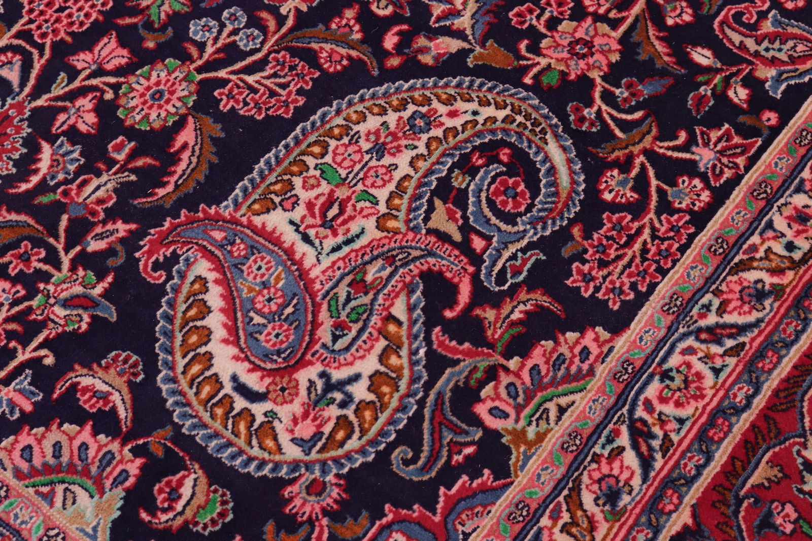 1960s Hand-Knotted Area Rug - Navy Blue and Red Paisley/Boteh Design - 5