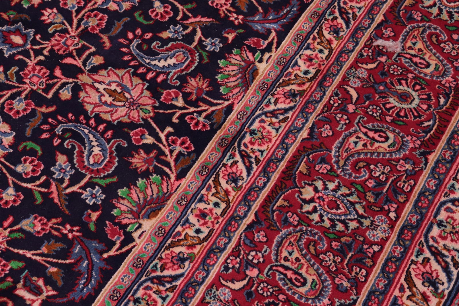 1960s Hand-Knotted Area Rug - Navy Blue and Red Paisley/Boteh Design - 7