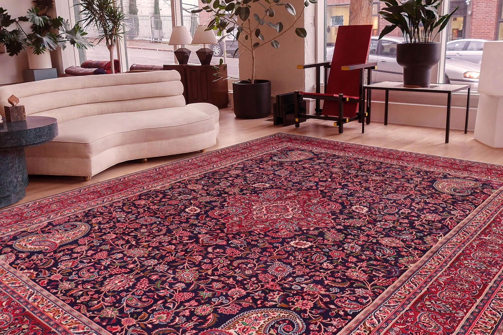 1960s Hand-Knotted Area Rug - Navy Blue and Red Paisley/Boteh Design - 8