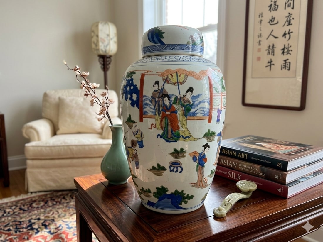 Oriental Color Family Gathering Graphic White Base Porcelain Jar - 10