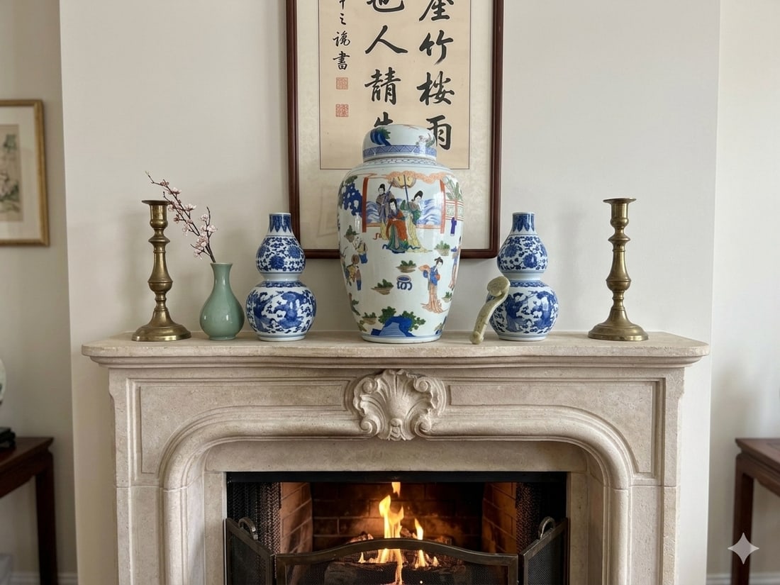 Oriental Color Family Gathering Graphic White Base Porcelain Jar - 14