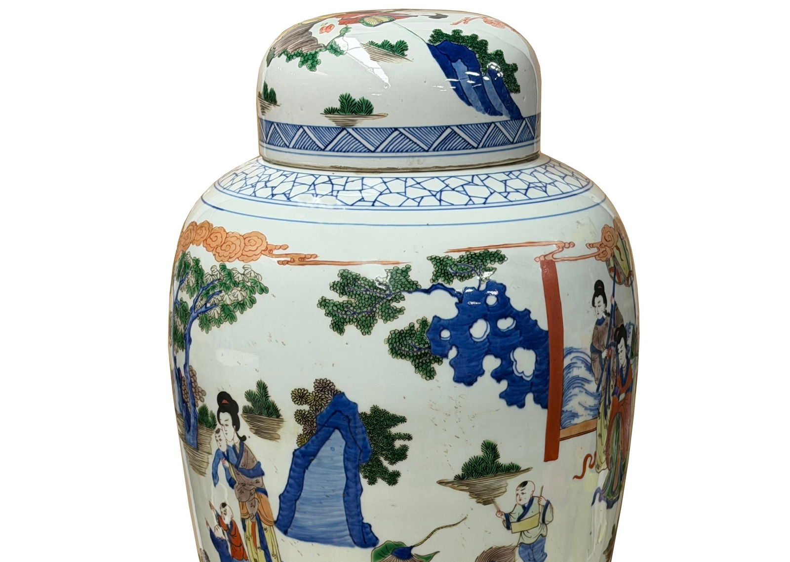 Oriental Color Family Gathering Graphic White Base Porcelain Jar - 15