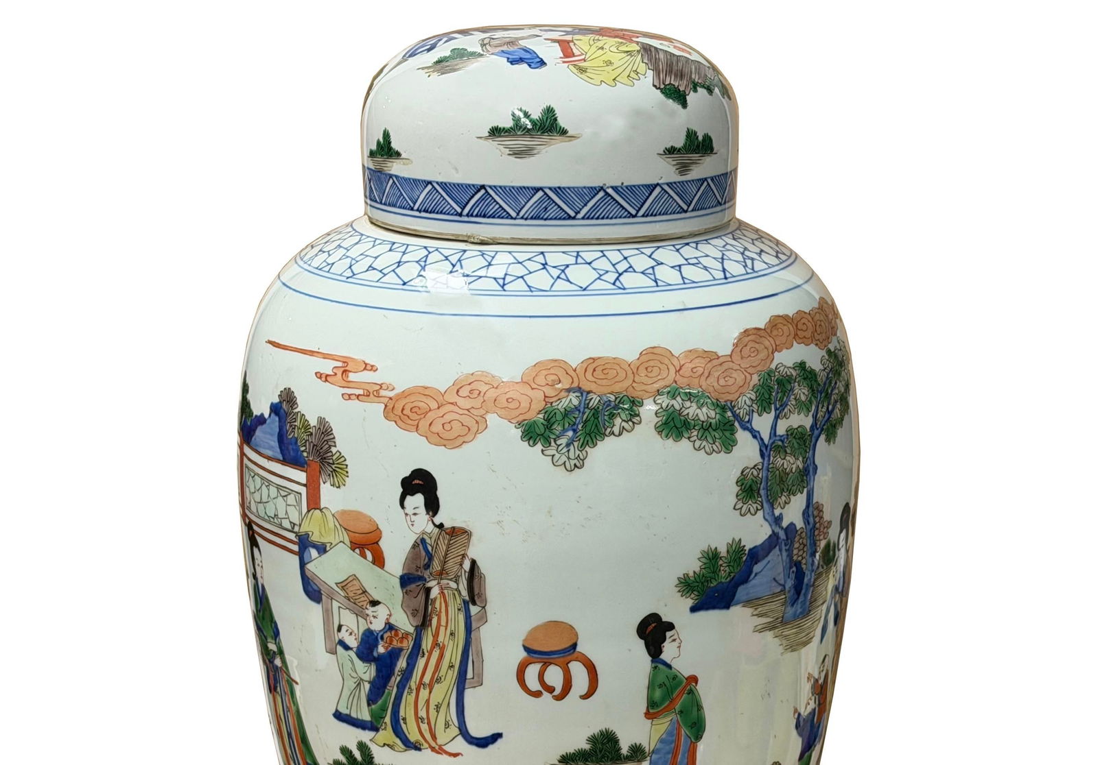Oriental Color Family Gathering Graphic White Base Porcelain Jar - 16