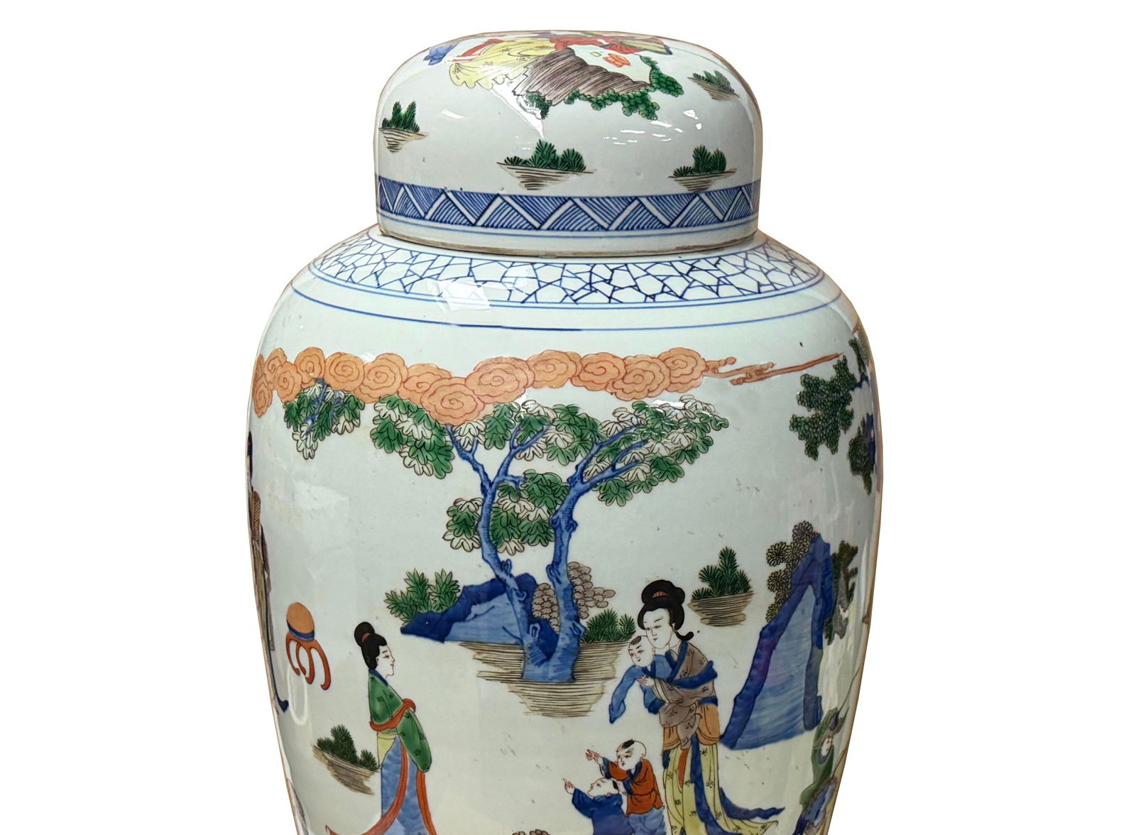 Oriental Color Family Gathering Graphic White Base Porcelain Jar - 18