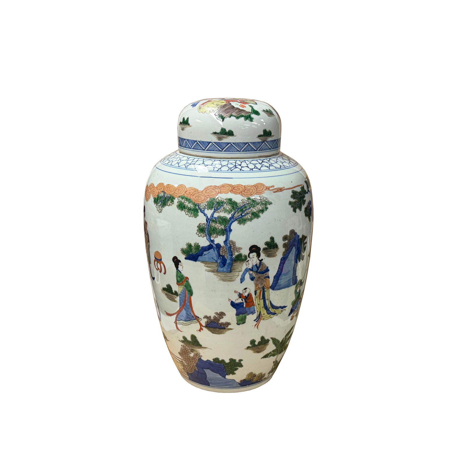 Oriental Color Family Gathering Graphic White Base Porcelain Jar - 2