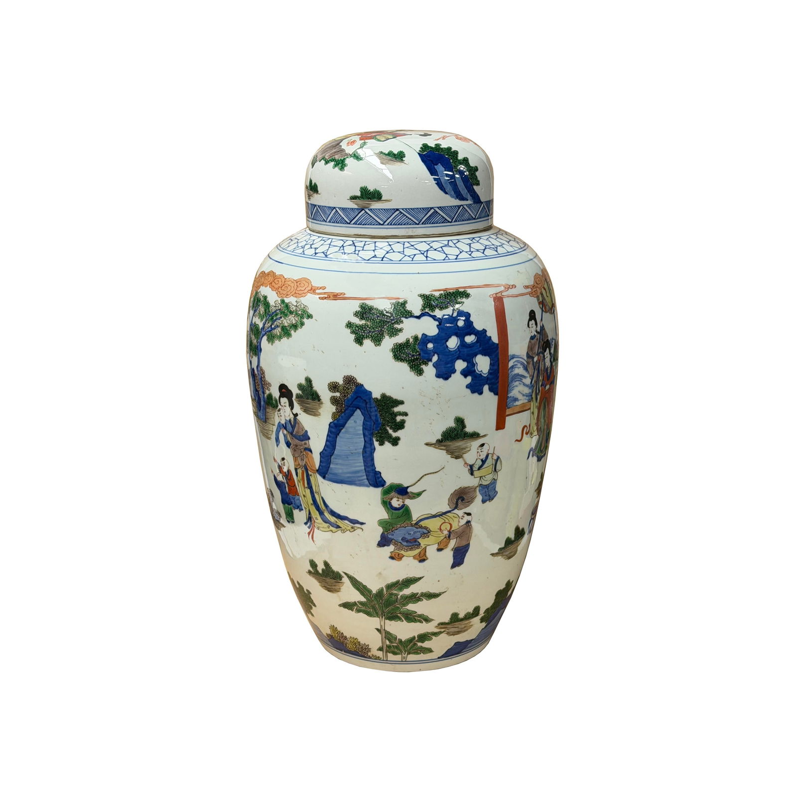 Oriental Color Family Gathering Graphic White Base Porcelain Jar - 3