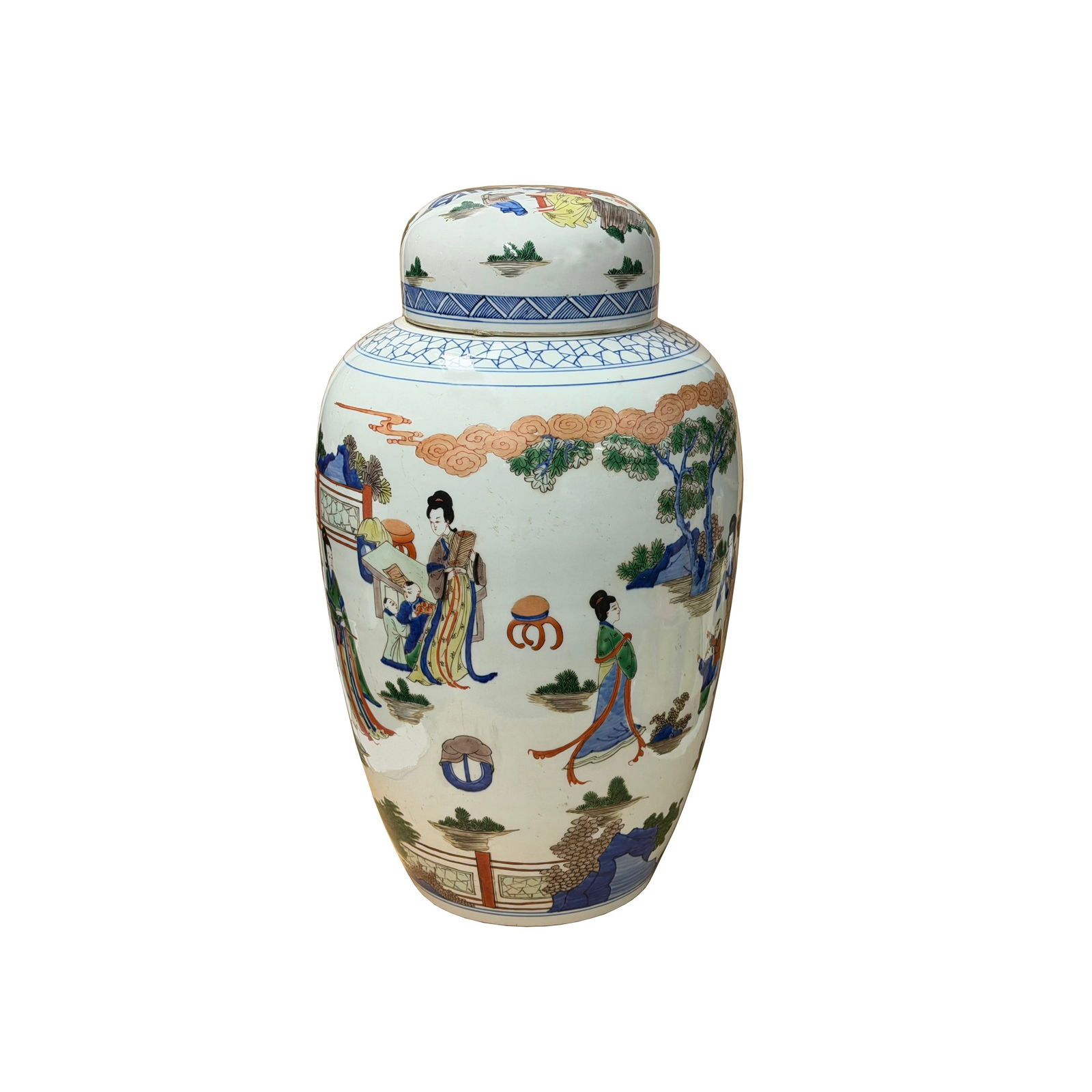 Oriental Color Family Gathering Graphic White Base Porcelain Jar - 4
