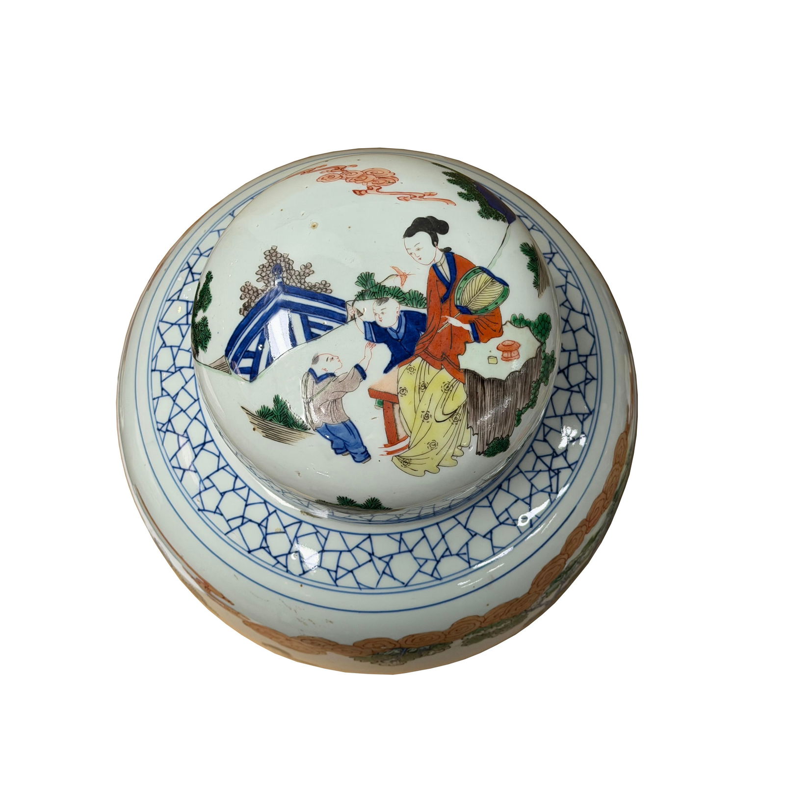 Oriental Color Family Gathering Graphic White Base Porcelain Jar - 5