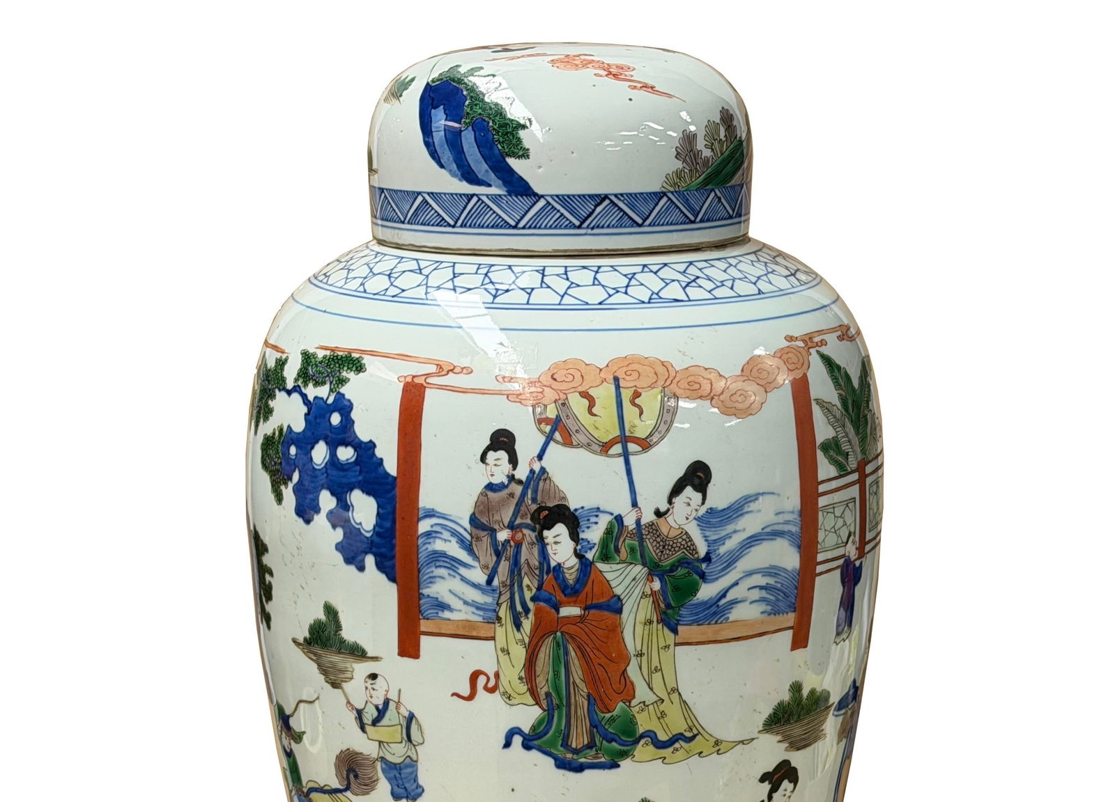 Oriental Color Family Gathering Graphic White Base Porcelain Jar - 8