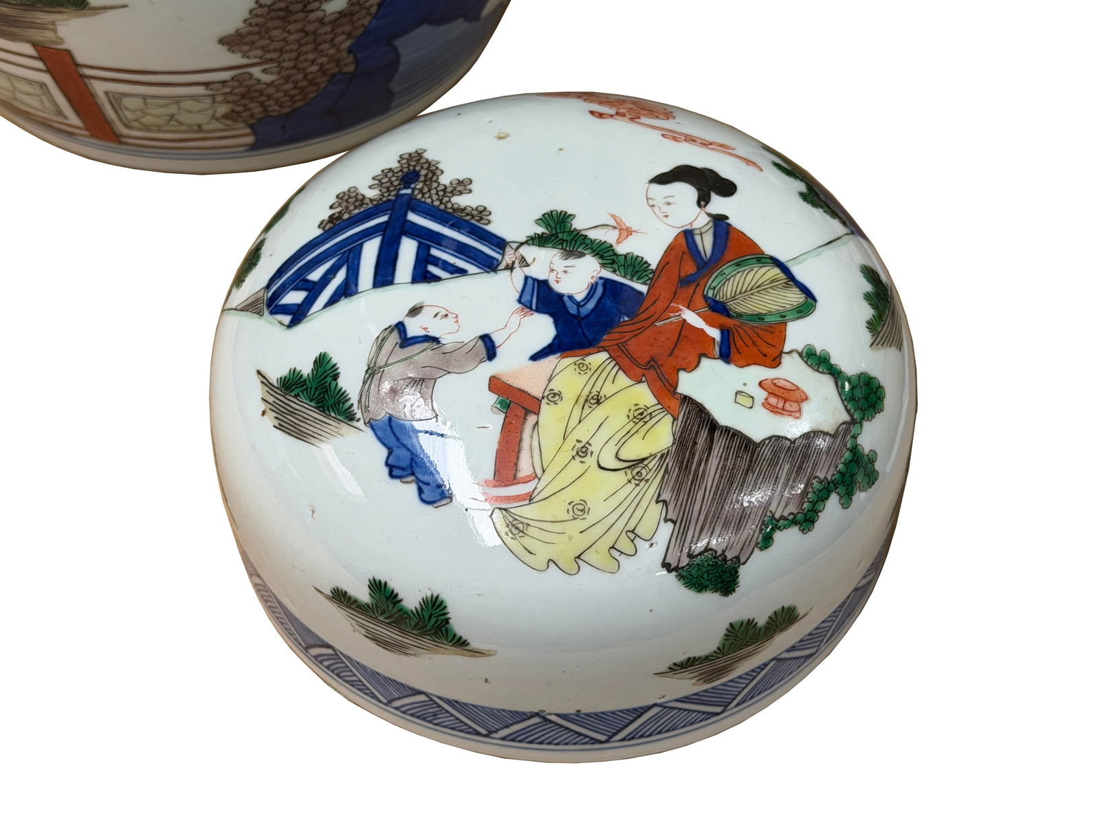Oriental Color Family Gathering Graphic White Base Porcelain Jar - 9