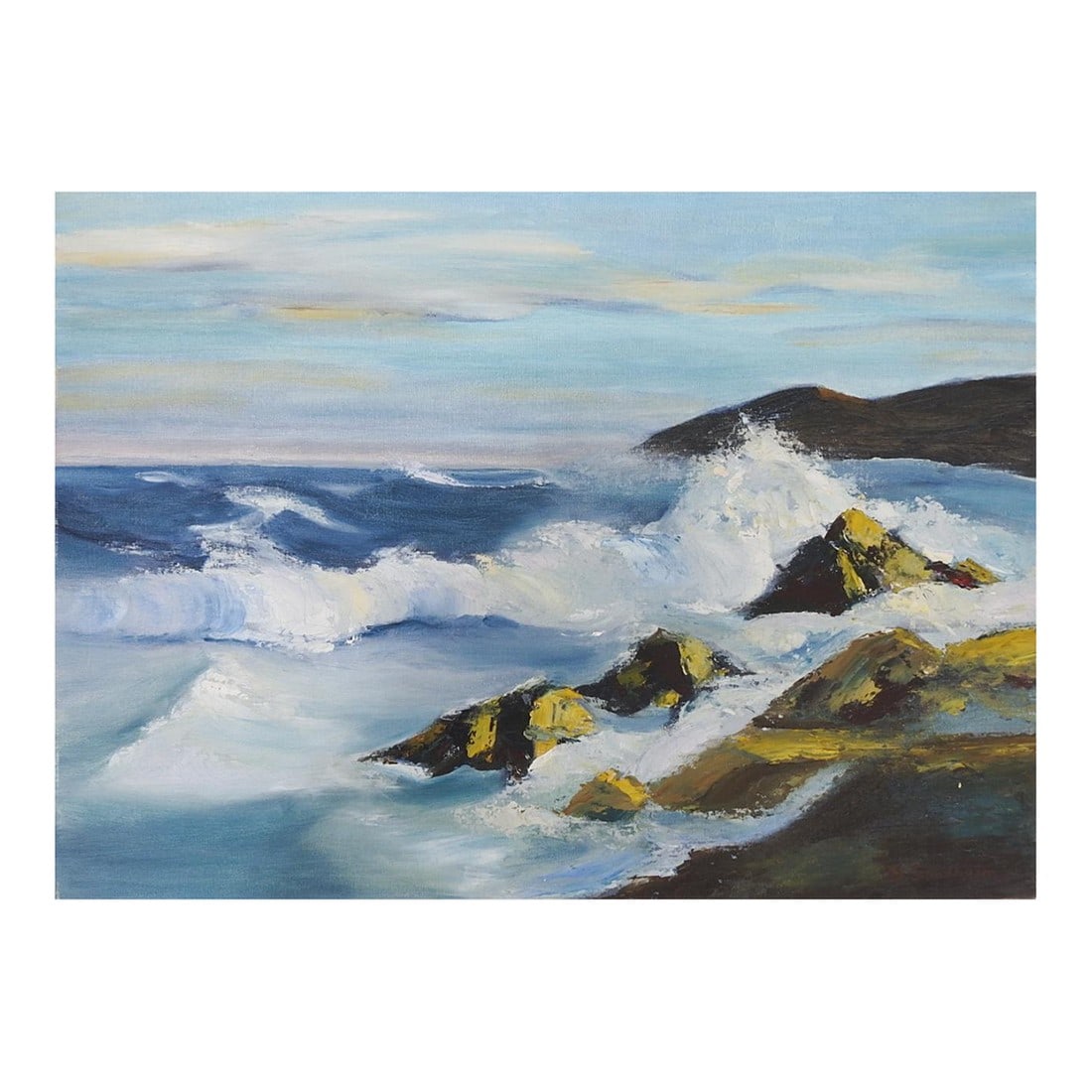 Mid 20th Century Rocky Seascape Painting: Mid 20th century oil on canvasboard impressionist rocky coastal seascape painting. Signed B. Sundheim lower right corner. Unframed, edge wear. Condition: Alterations: Original Condition Unaltered