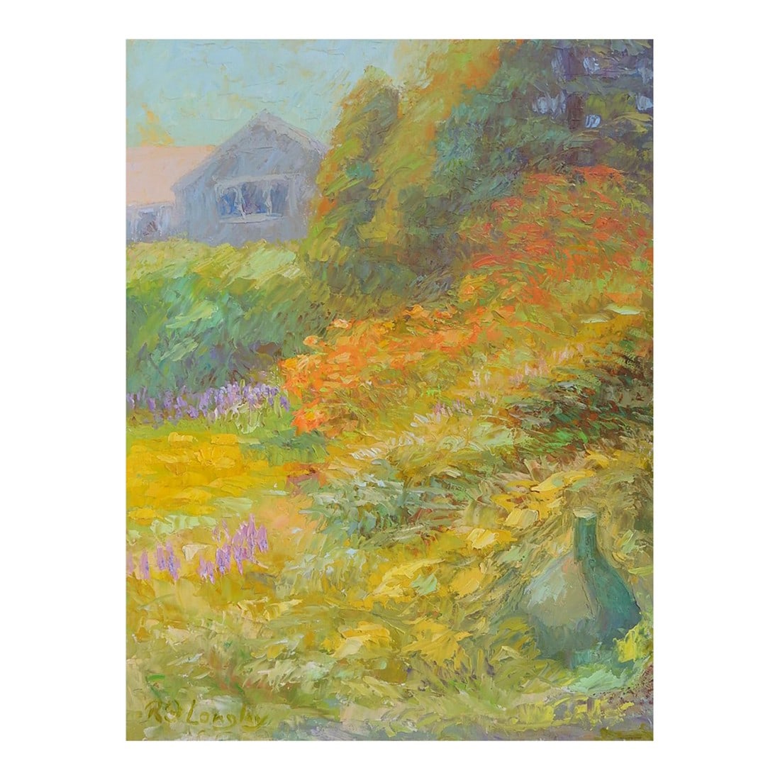 Late 20th Century Robert Longley Impressionist Cottage Garden Painting: Late 20the century oil on panel impressionist golden cottage garden painting by Robert Longley (20th/21st century) American. Unframed, edge wear. Condition: Alterations: Original Condition