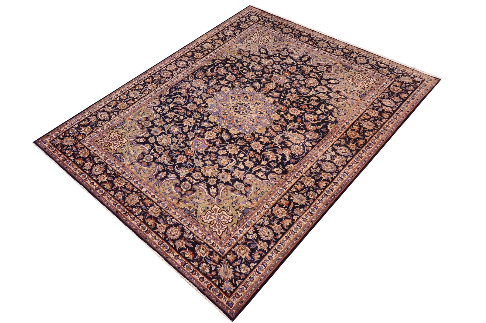 1960s 9x13 Hand-Knotted Oriental Rug Navy Field Ivory Accent - 2