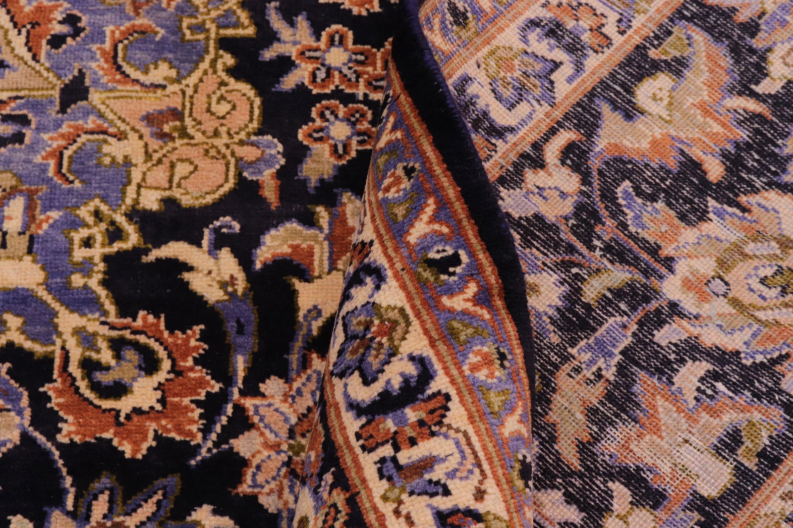 1960s 9x13 Hand-Knotted Oriental Rug Navy Field Ivory Accent - 7