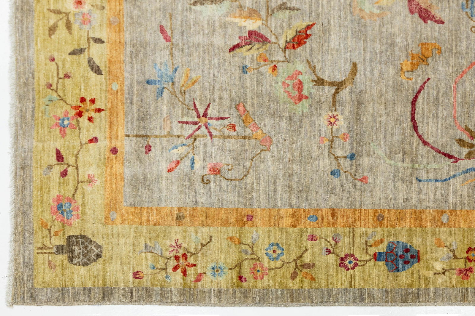 Hand-Knotted Modern Chinese Botanical Wool Area Rug - Slate Grey & Marigold - 10