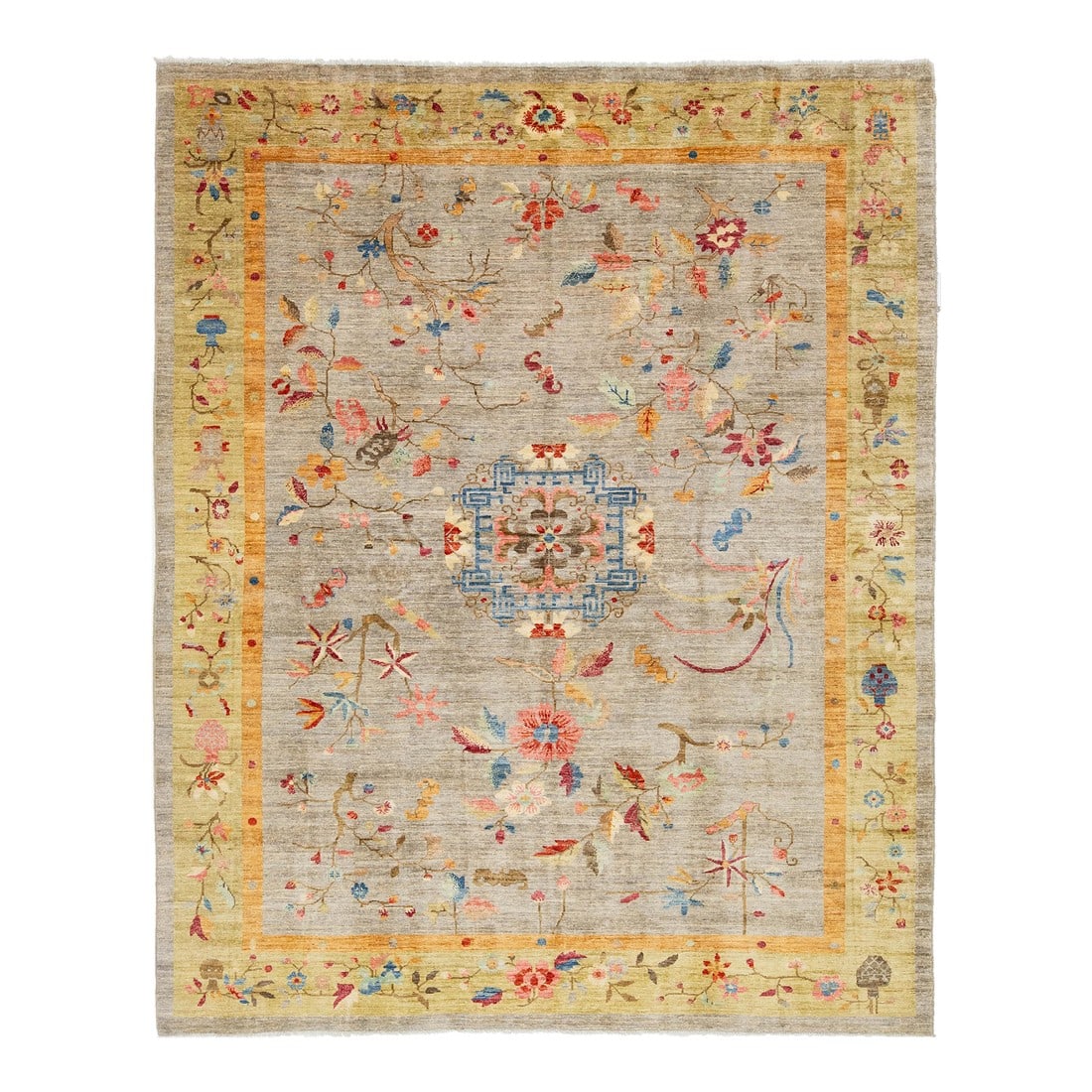 Hand-Knotted Modern Chinese Botanical Wool Area Rug - Slate Grey & Marigold: Elevate your space with this hand-knotted wool rug, blending classical Chinese aesthetics with contemporary design. Its slate grey field features subtle color variations, serving as a calm backdrop