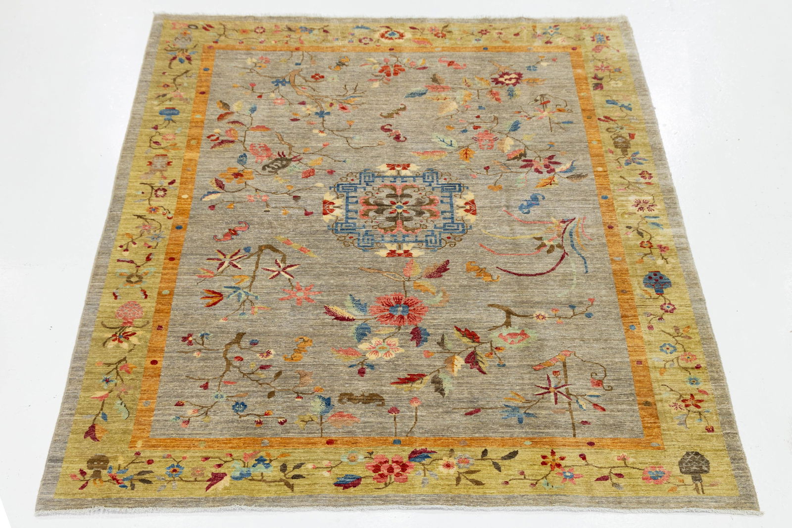 Hand-Knotted Modern Chinese Botanical Wool Area Rug - Slate Grey & Marigold - 2