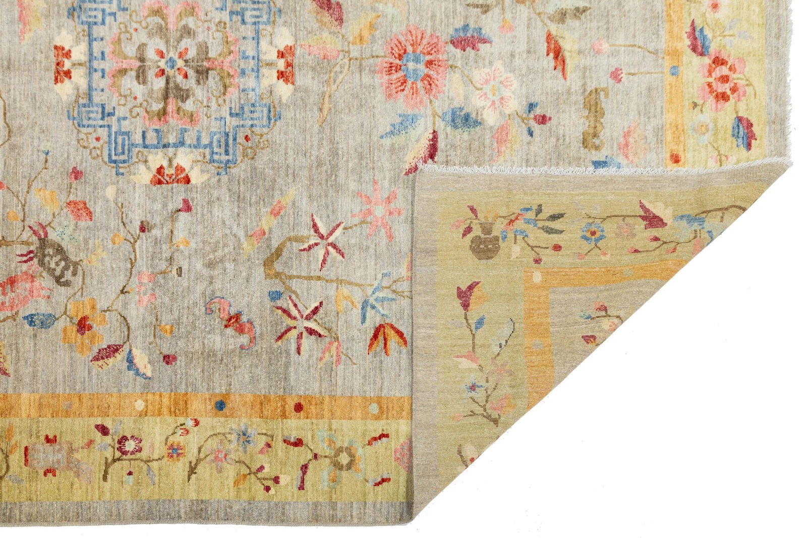 Hand-Knotted Modern Chinese Botanical Wool Area Rug - Slate Grey & Marigold - 4