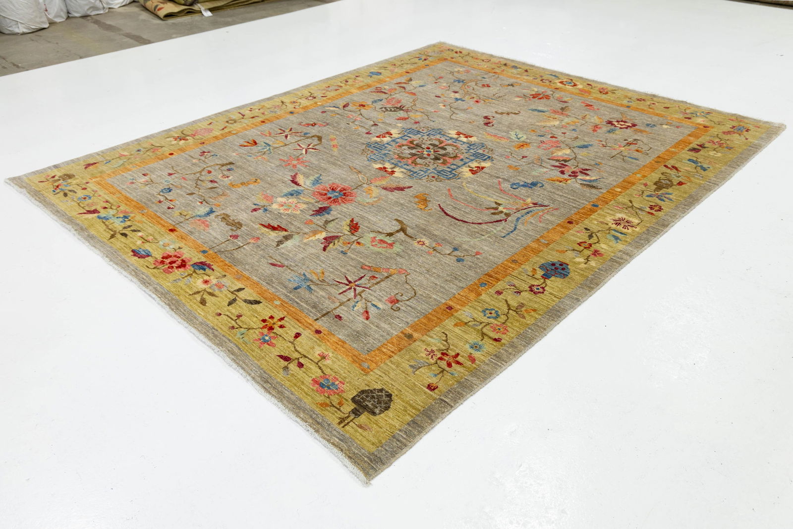 Hand-Knotted Modern Chinese Botanical Wool Area Rug - Slate Grey & Marigold - 5