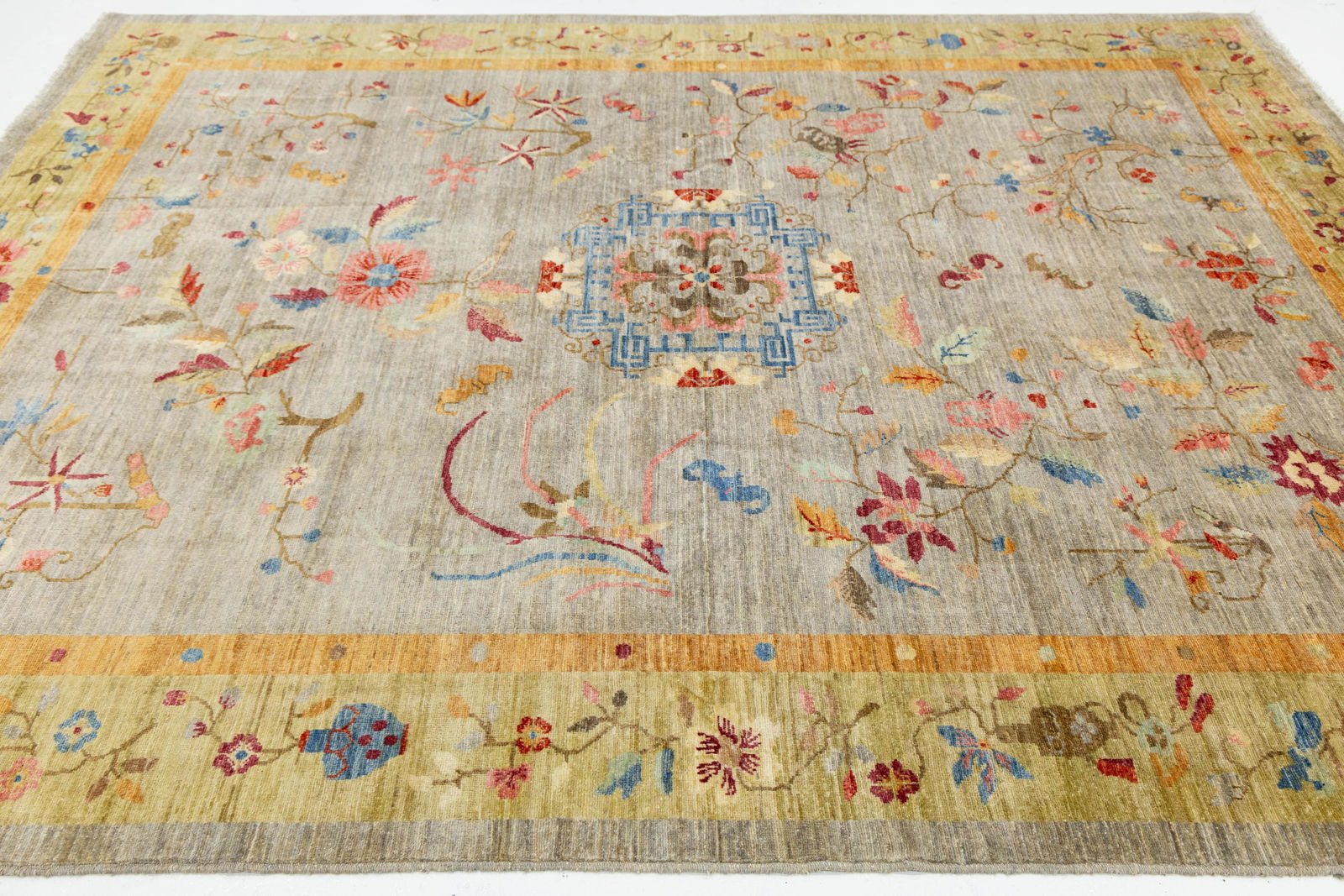 Hand-Knotted Modern Chinese Botanical Wool Area Rug - Slate Grey & Marigold - 6