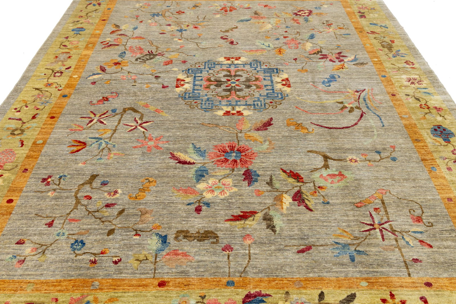 Hand-Knotted Modern Chinese Botanical Wool Area Rug - Slate Grey & Marigold - 7