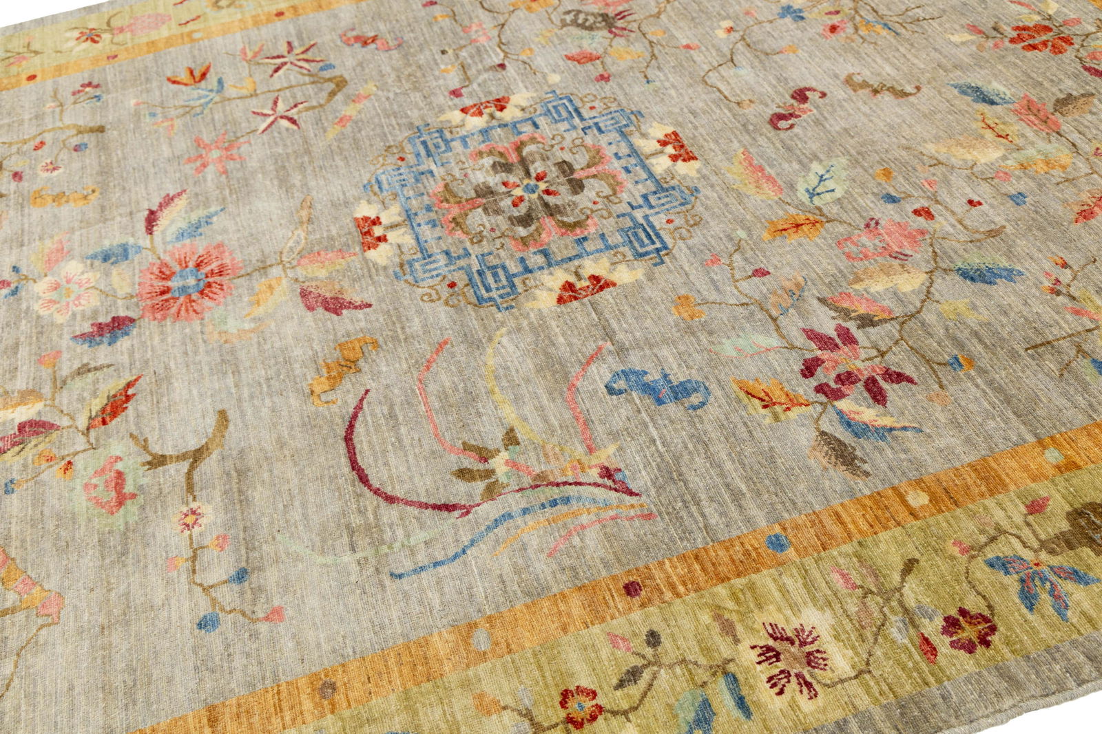 Hand-Knotted Modern Chinese Botanical Wool Area Rug - Slate Grey & Marigold - 8