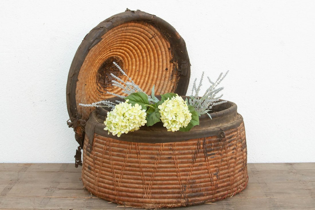 Monumental Antique Basket With Lid & Metal Hardware - 11