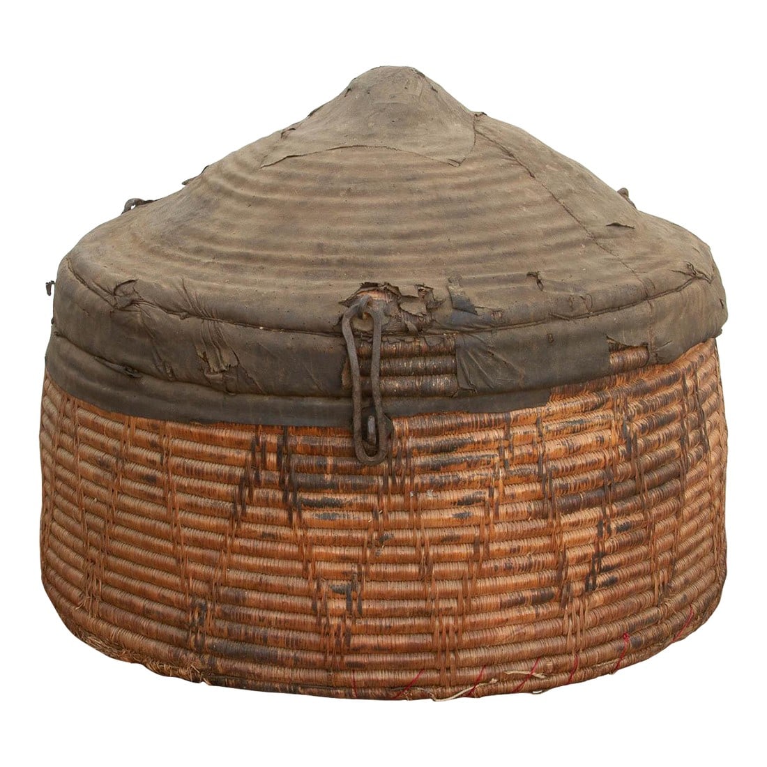 Monumental Antique Basket With Lid & Metal Hardware (1 of 11)